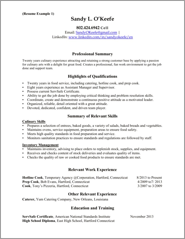 Summary For Resume Sample Cook