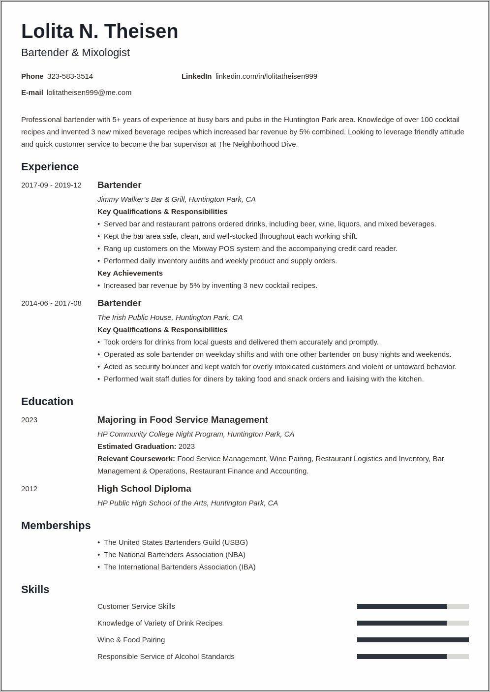 Summary Of Bartending Job Resume