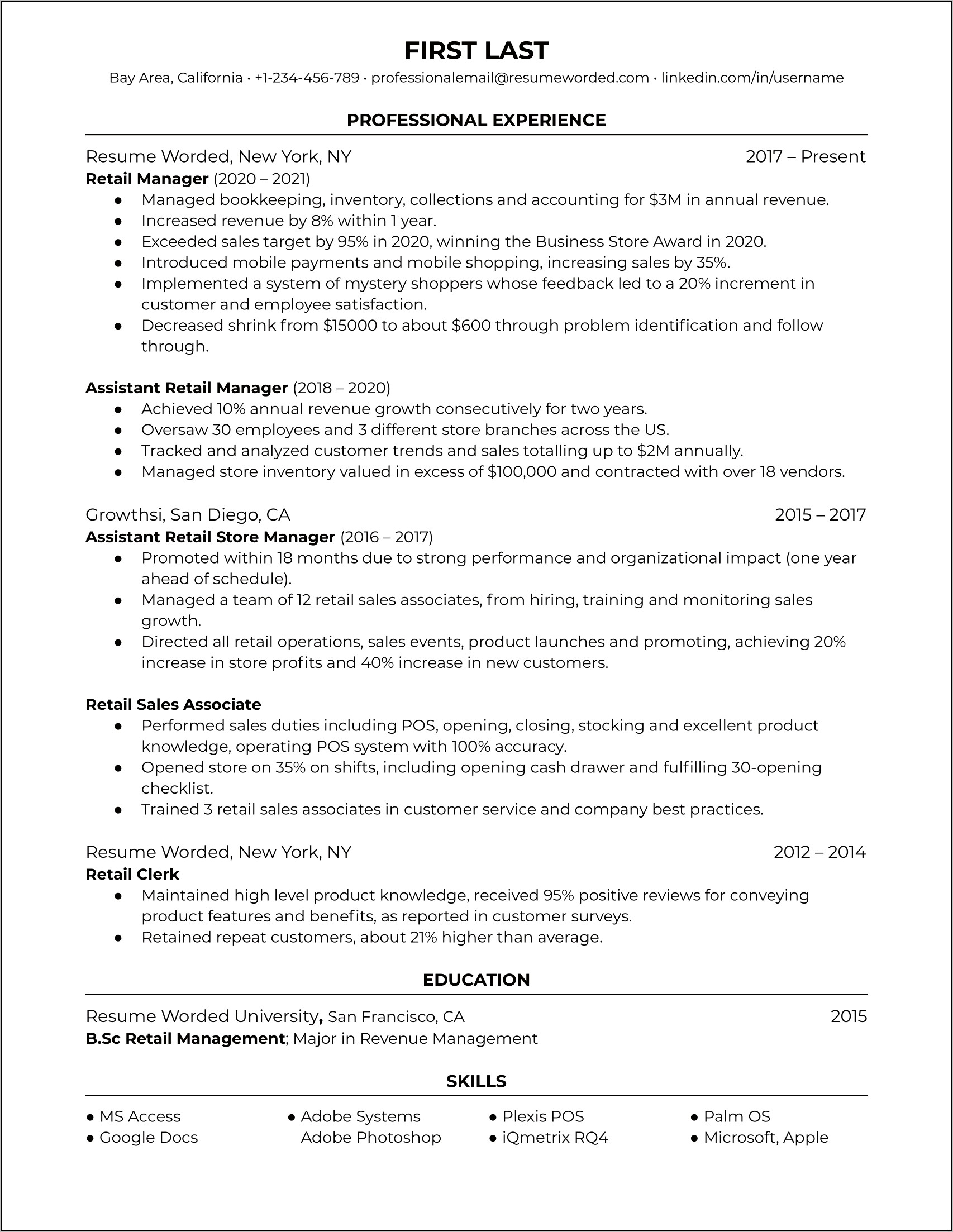 Summary Of Skills Resume Retail