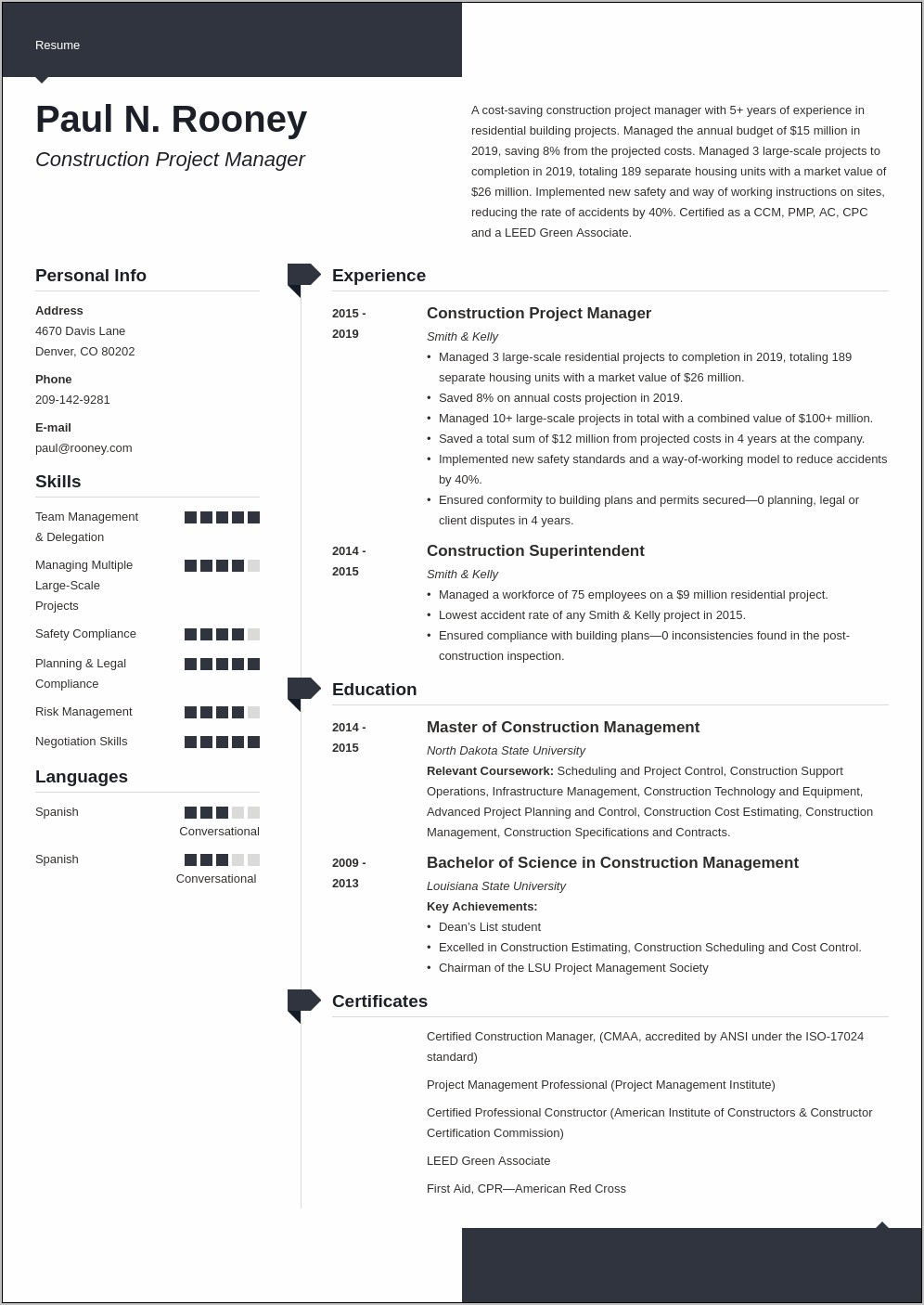 Summary Statement Resume Construction Management