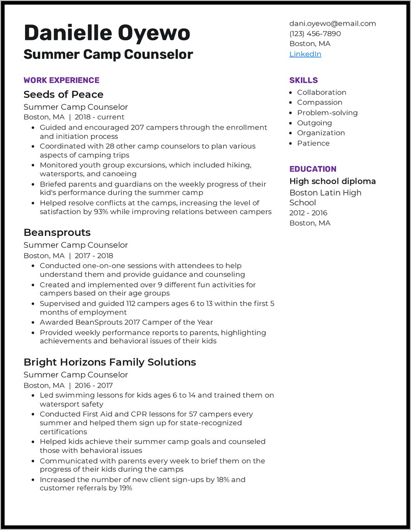 Summer Camp Leader Resume Sample