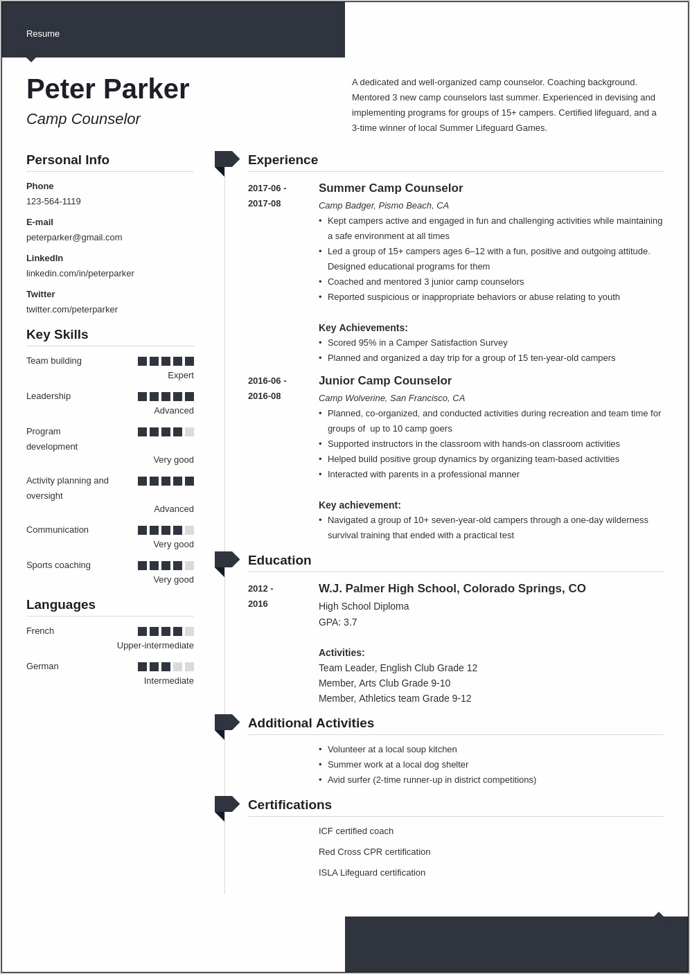 Summer Camp Skills For Resume