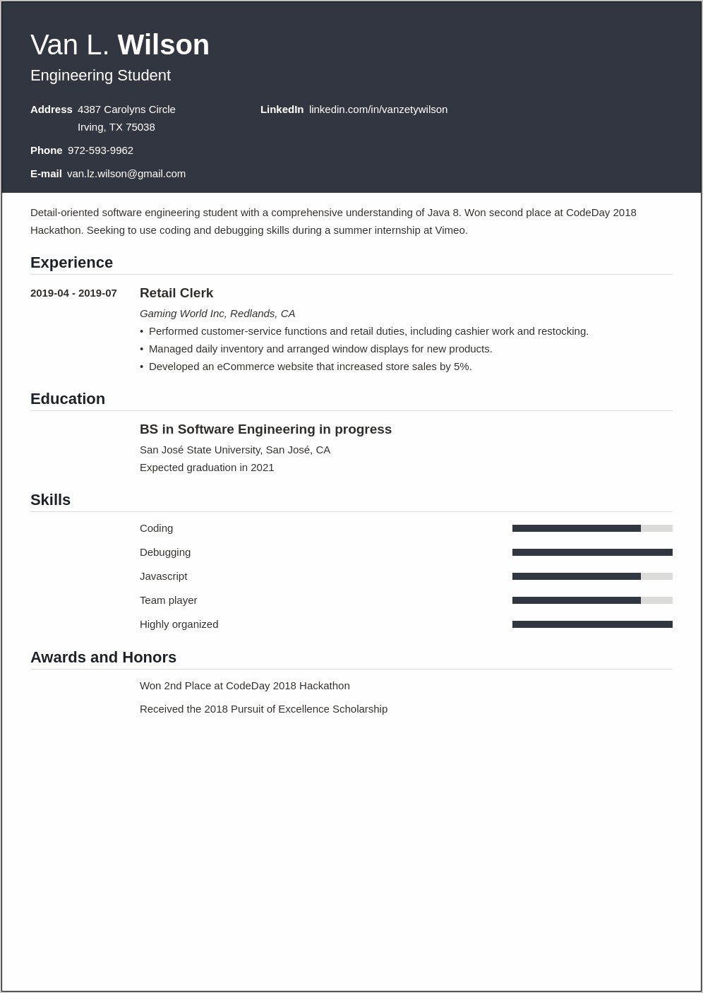 Summer Internship Resume Objective Examples