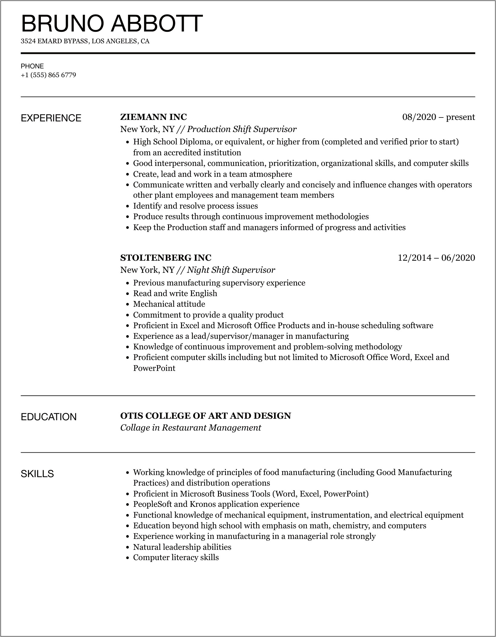 Supervisor Skills And Abilities Resume