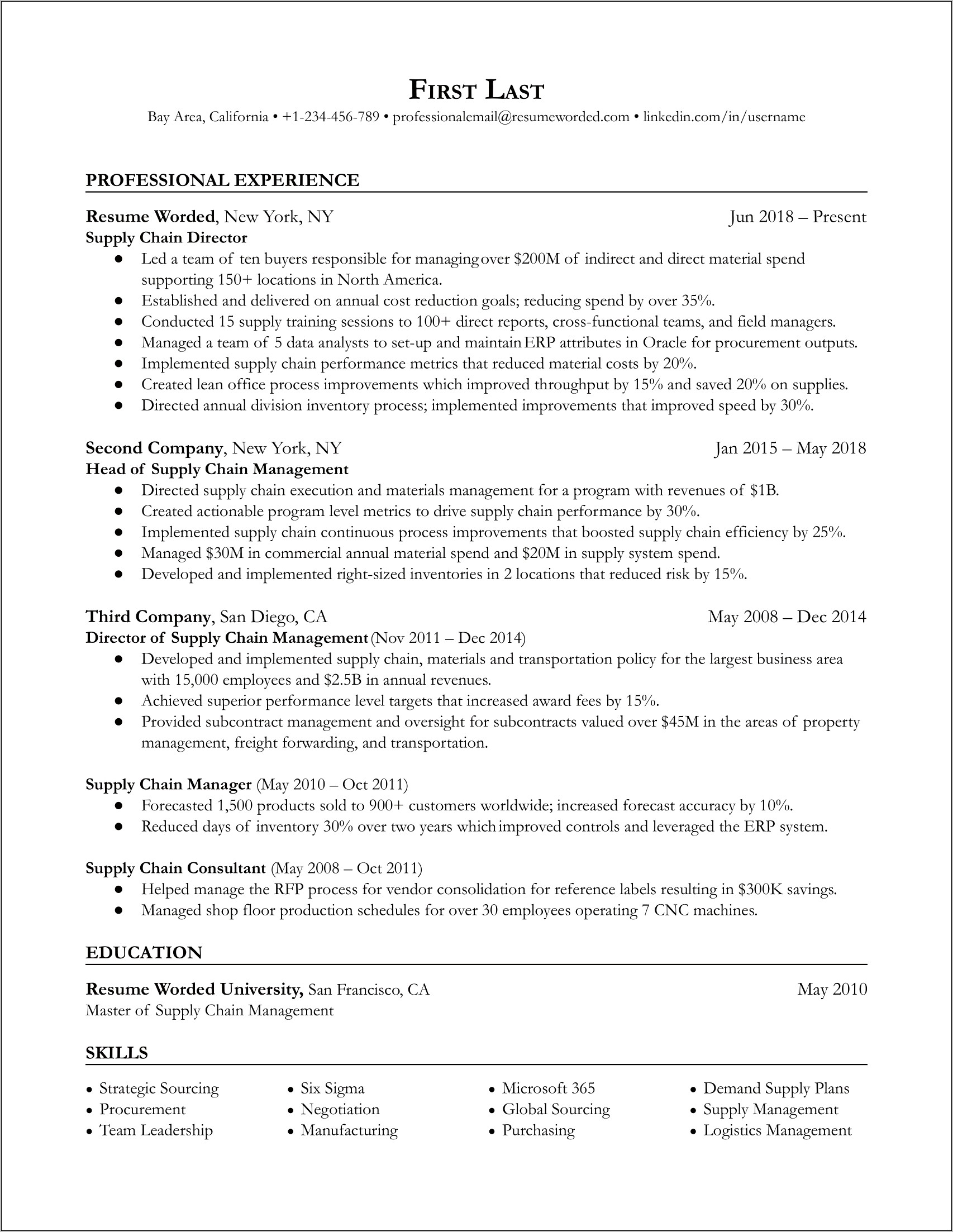 Supply Chain Management Intern Resume