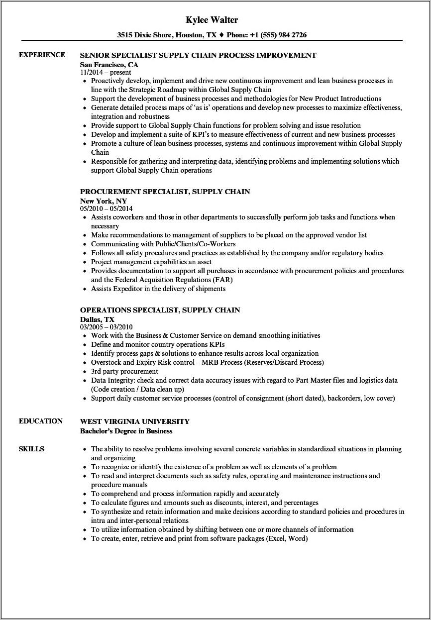 Supply Chain Specialist Resume Objective