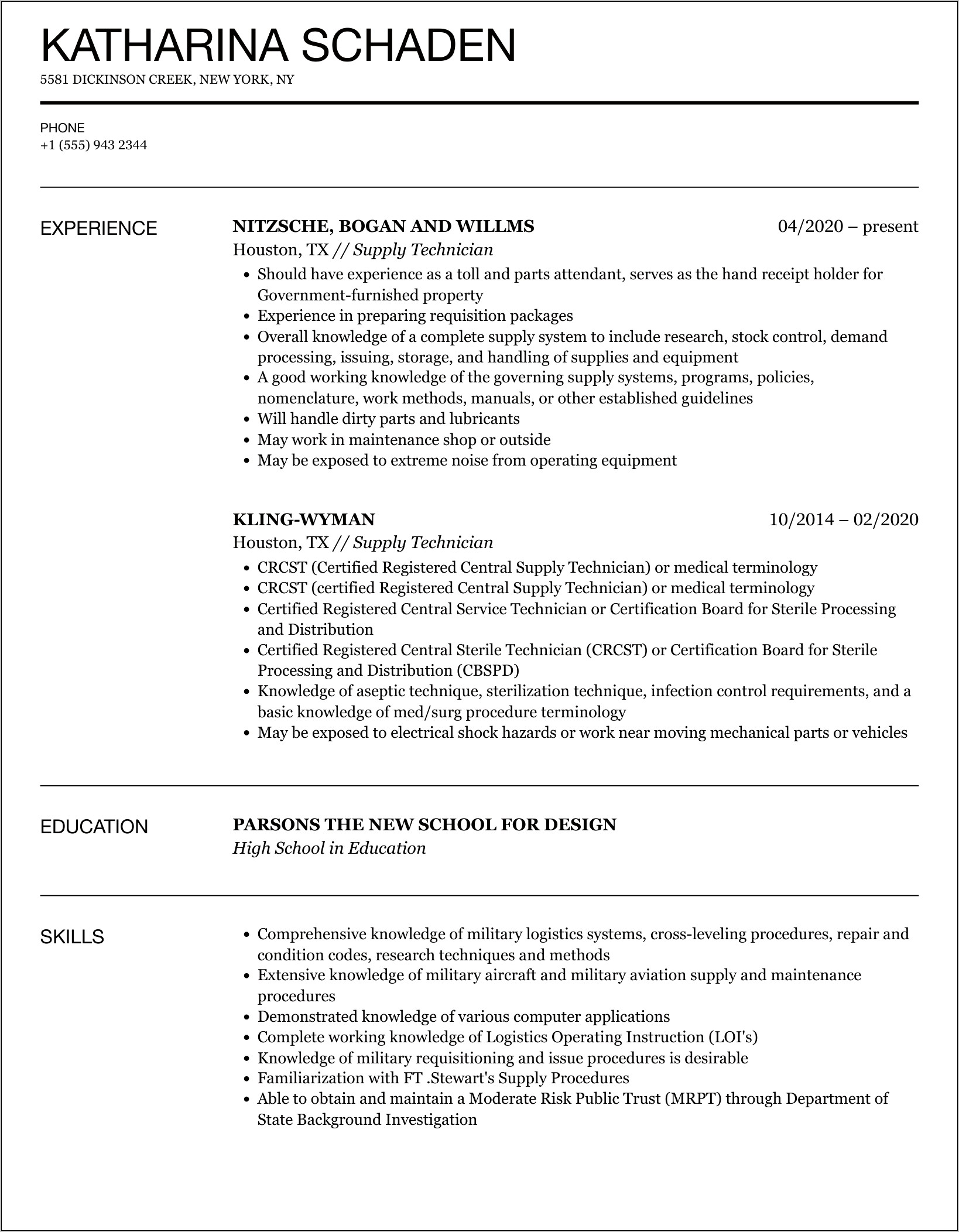 Supply Technician Job Description Resume