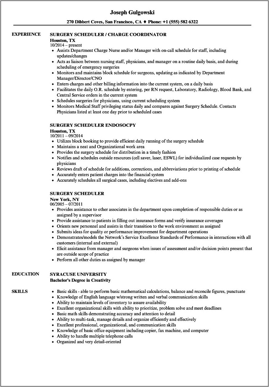 Surgical Scheduler Job Description Resume