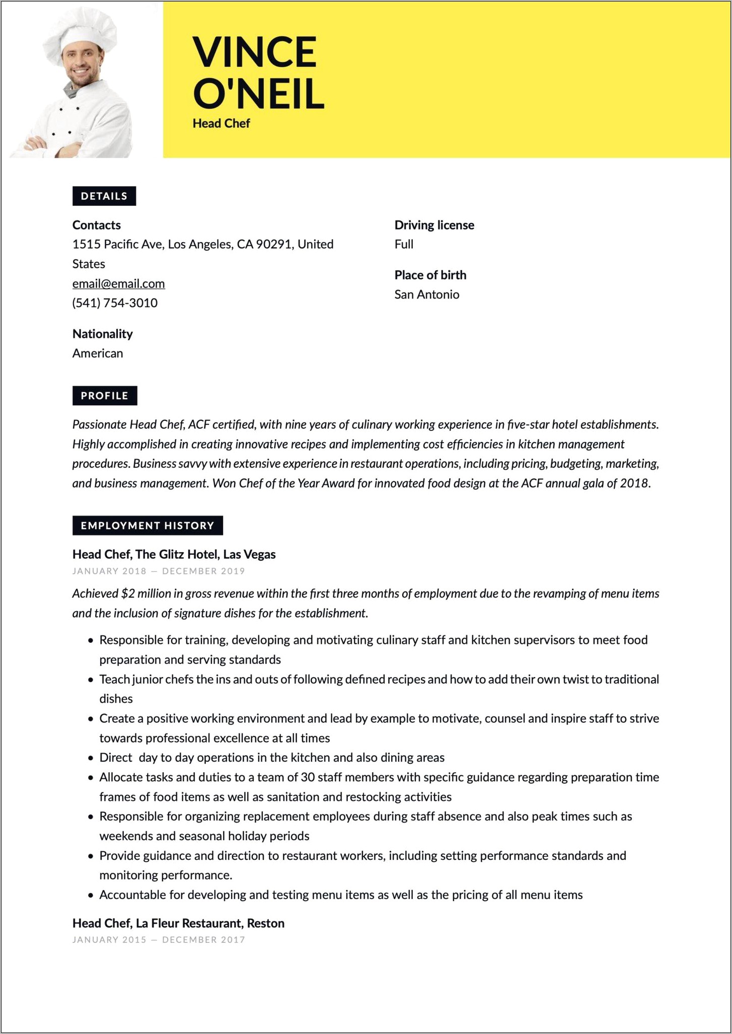 Sushi Head Chef Resume Samples