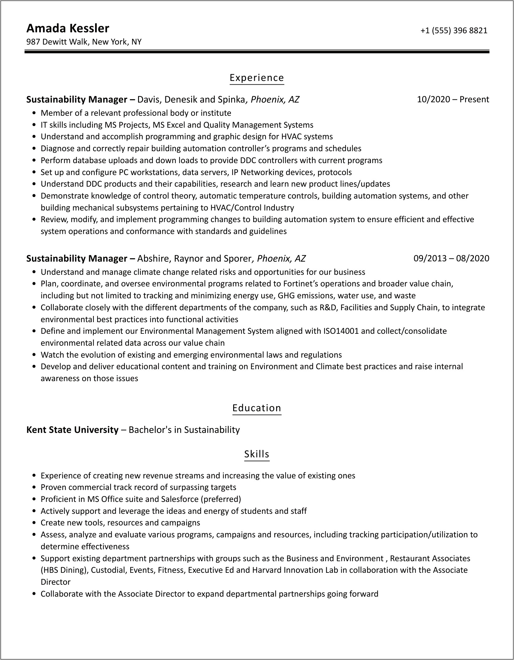 Sustainability Manager Resume Summary Examples