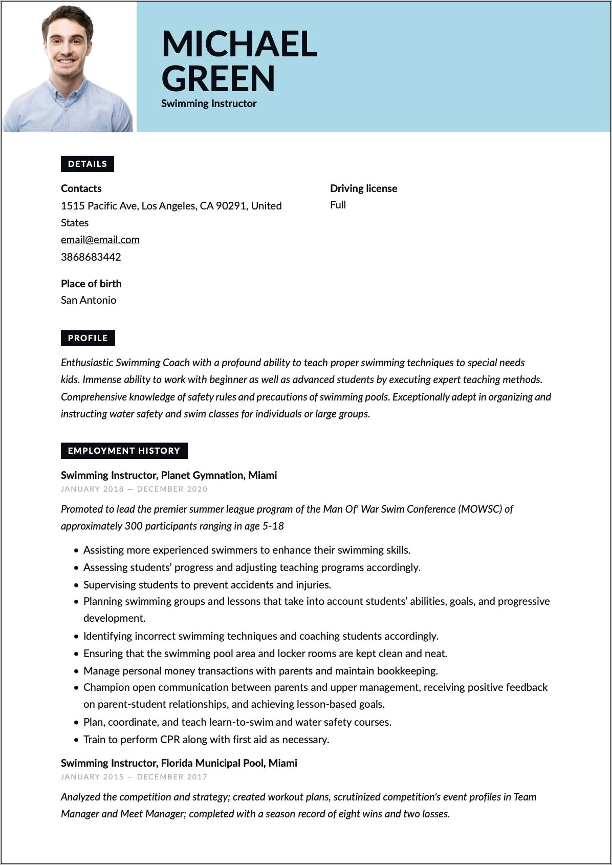 Swim Coach Job Description Resume