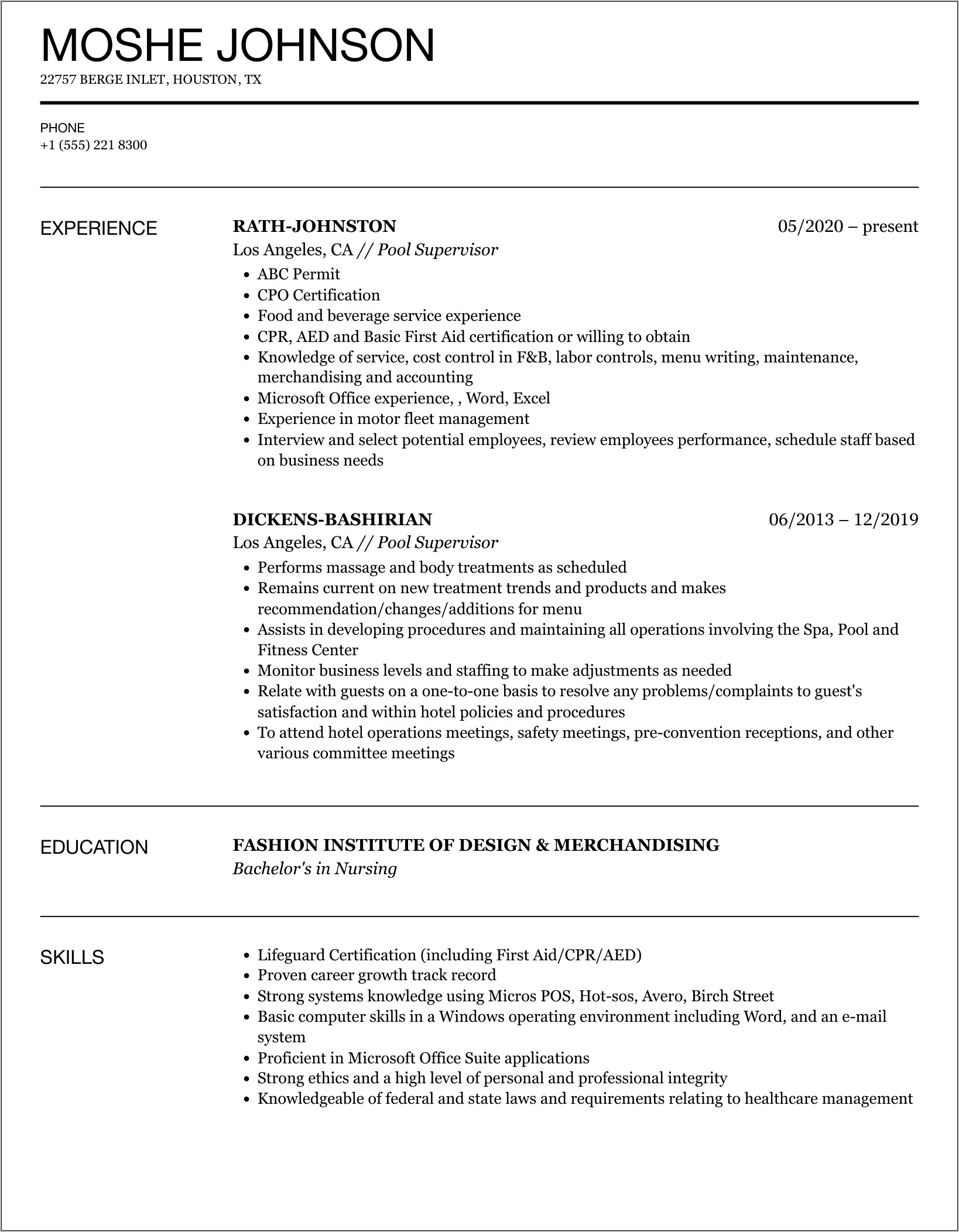 Swimming Pool Owner Resume Sample