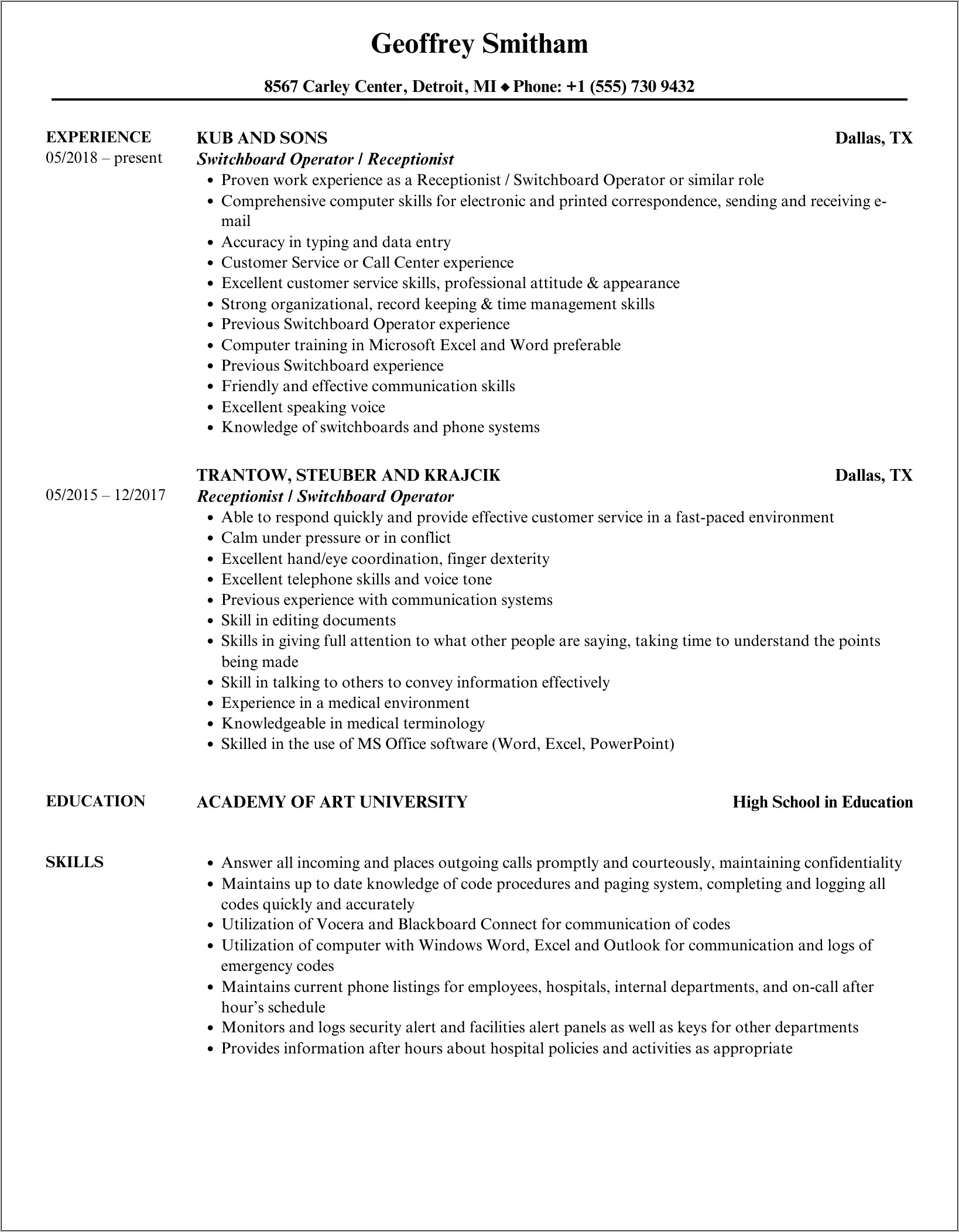 Switchboard Operator Job Description Resume