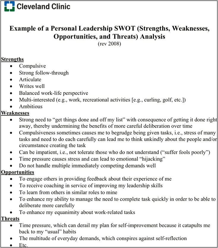 Swot Analysis Example For Resume