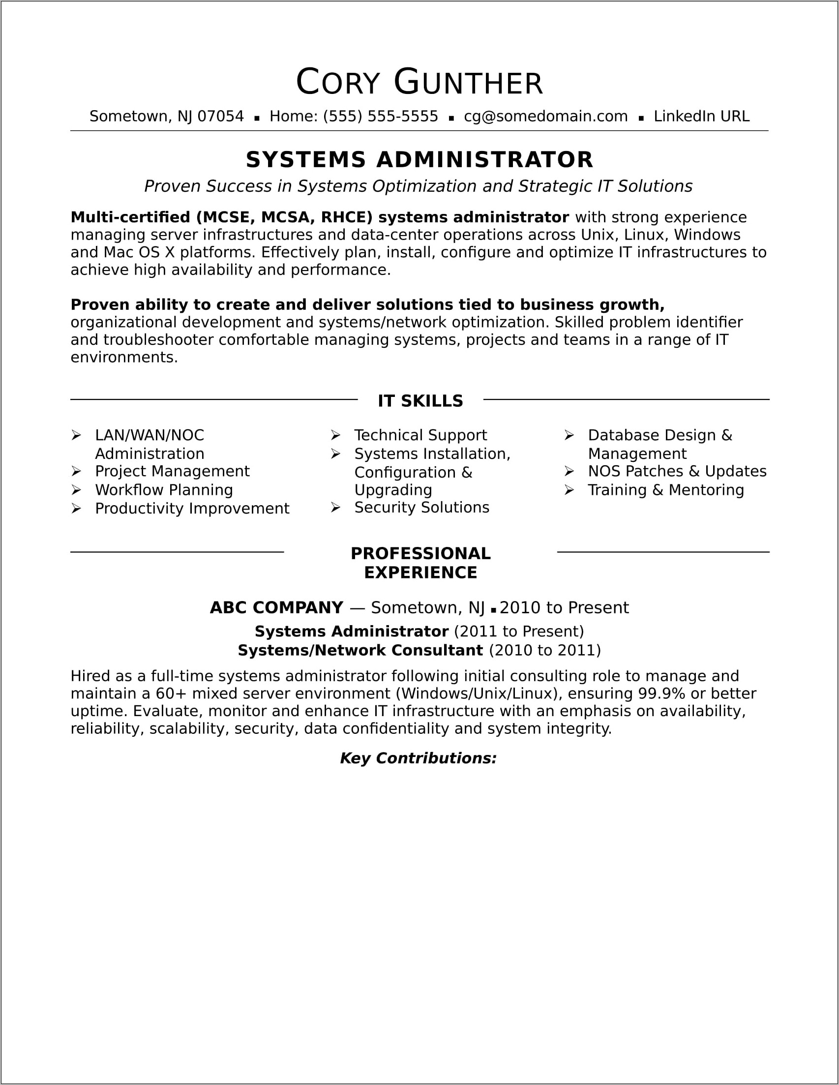 System Admin Sample Resume Format