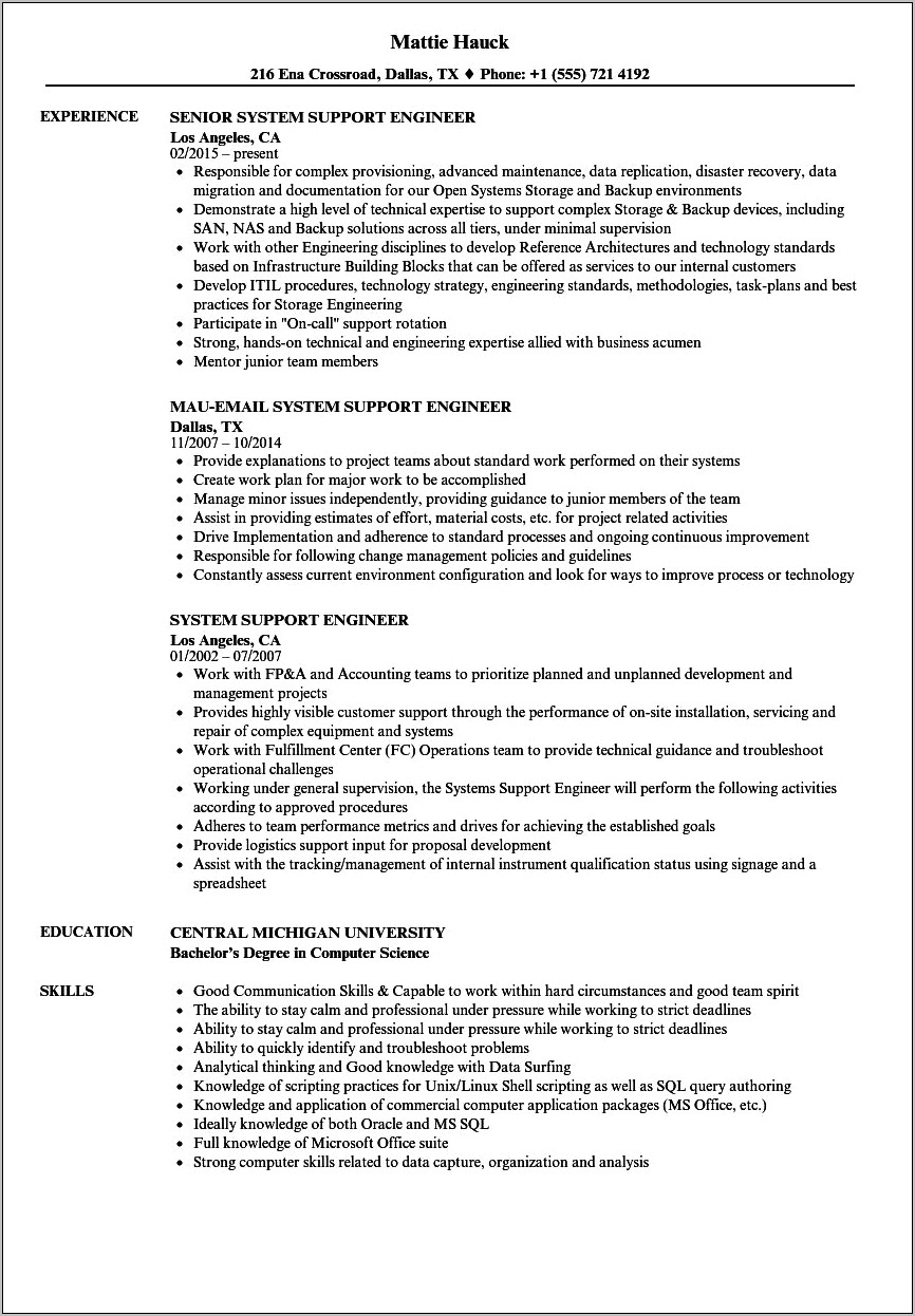 System Support Engineer Resume Samples