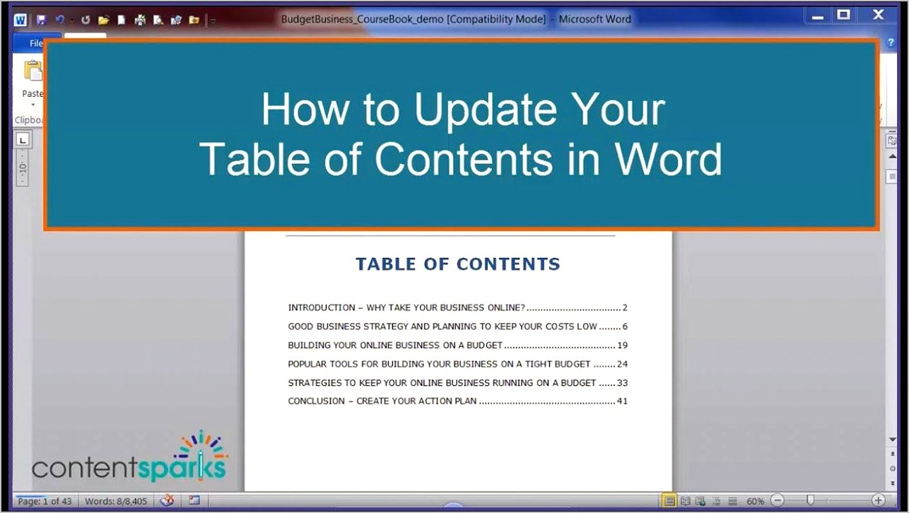 Table Of Contents Word Template Free For Planner