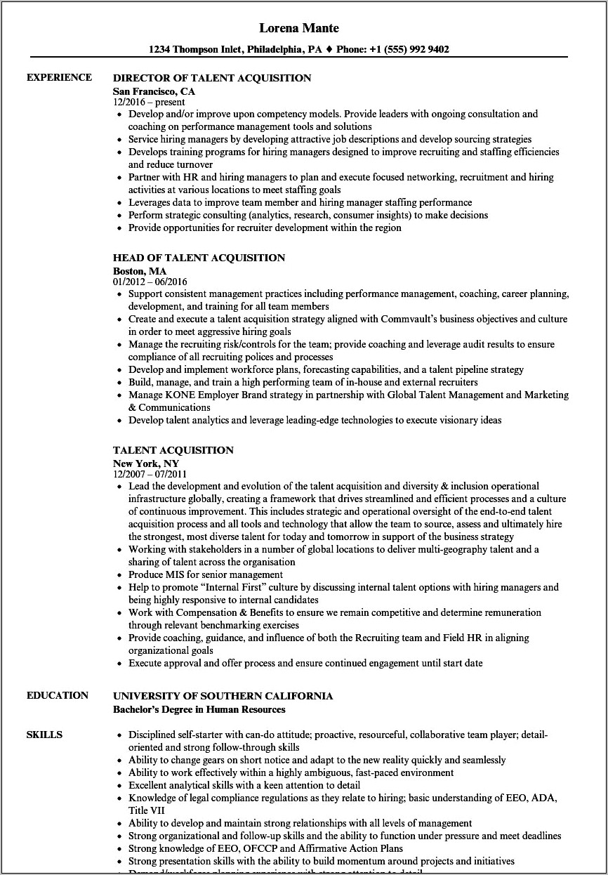 Talent Acquisition Manager Resume Bullets