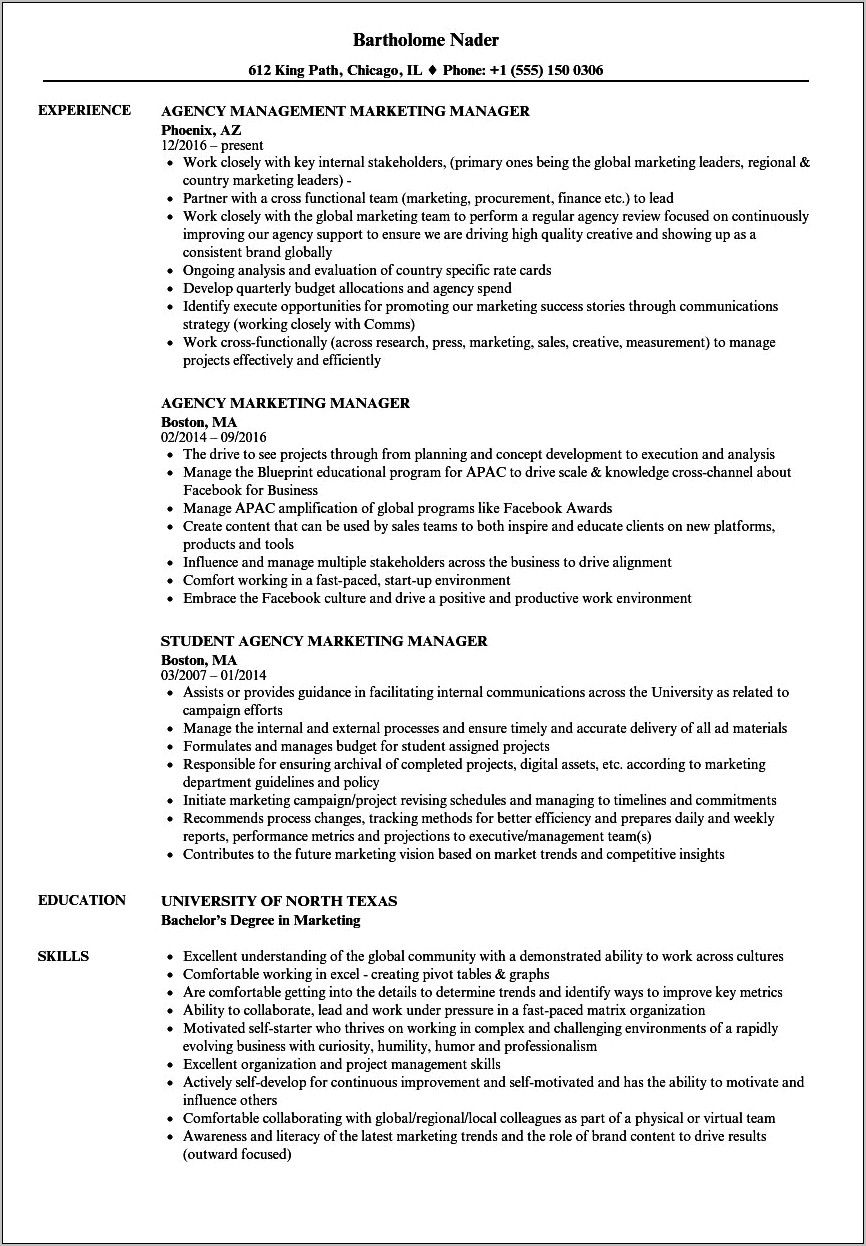 Talent Agent Or Manager Resume