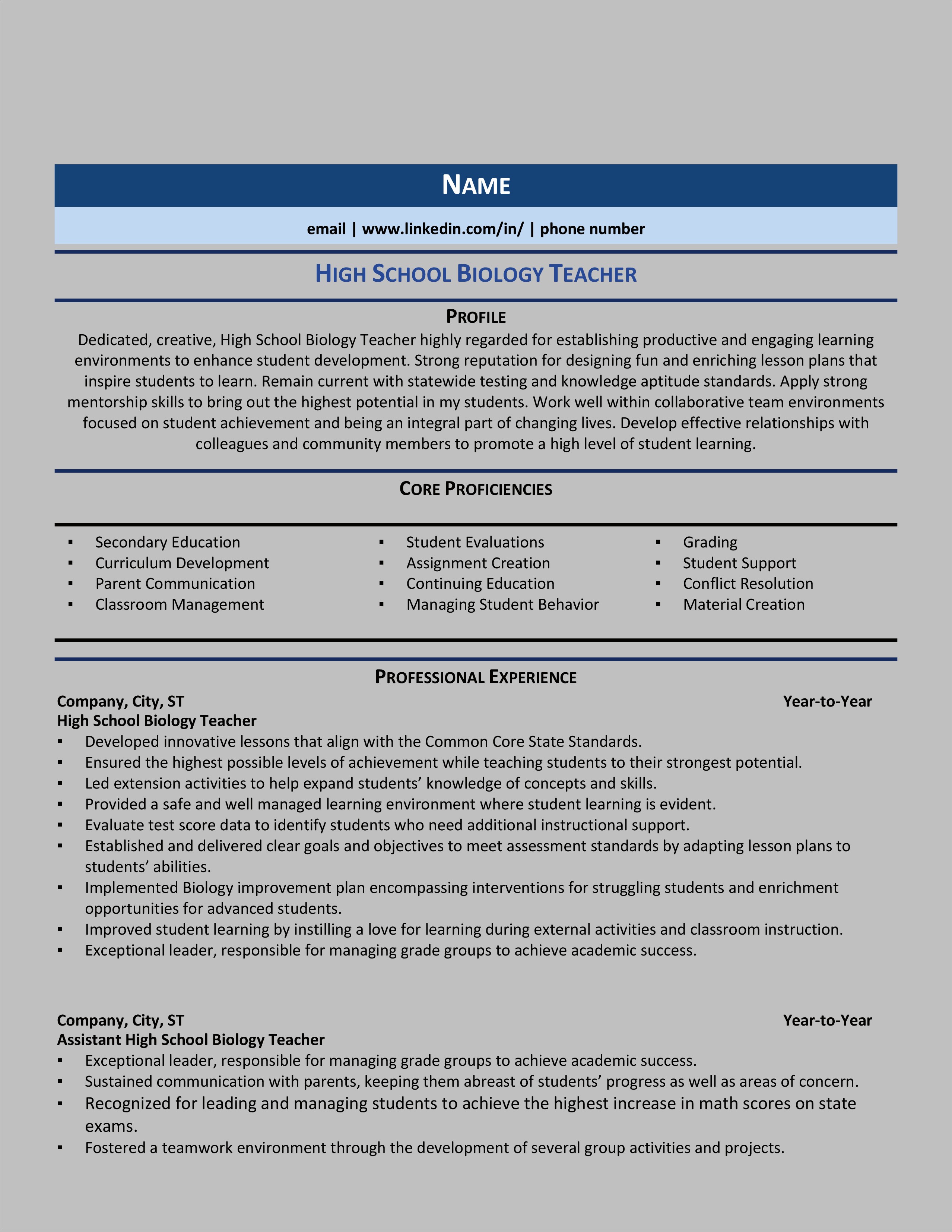 Teacher Job Summary For Resume