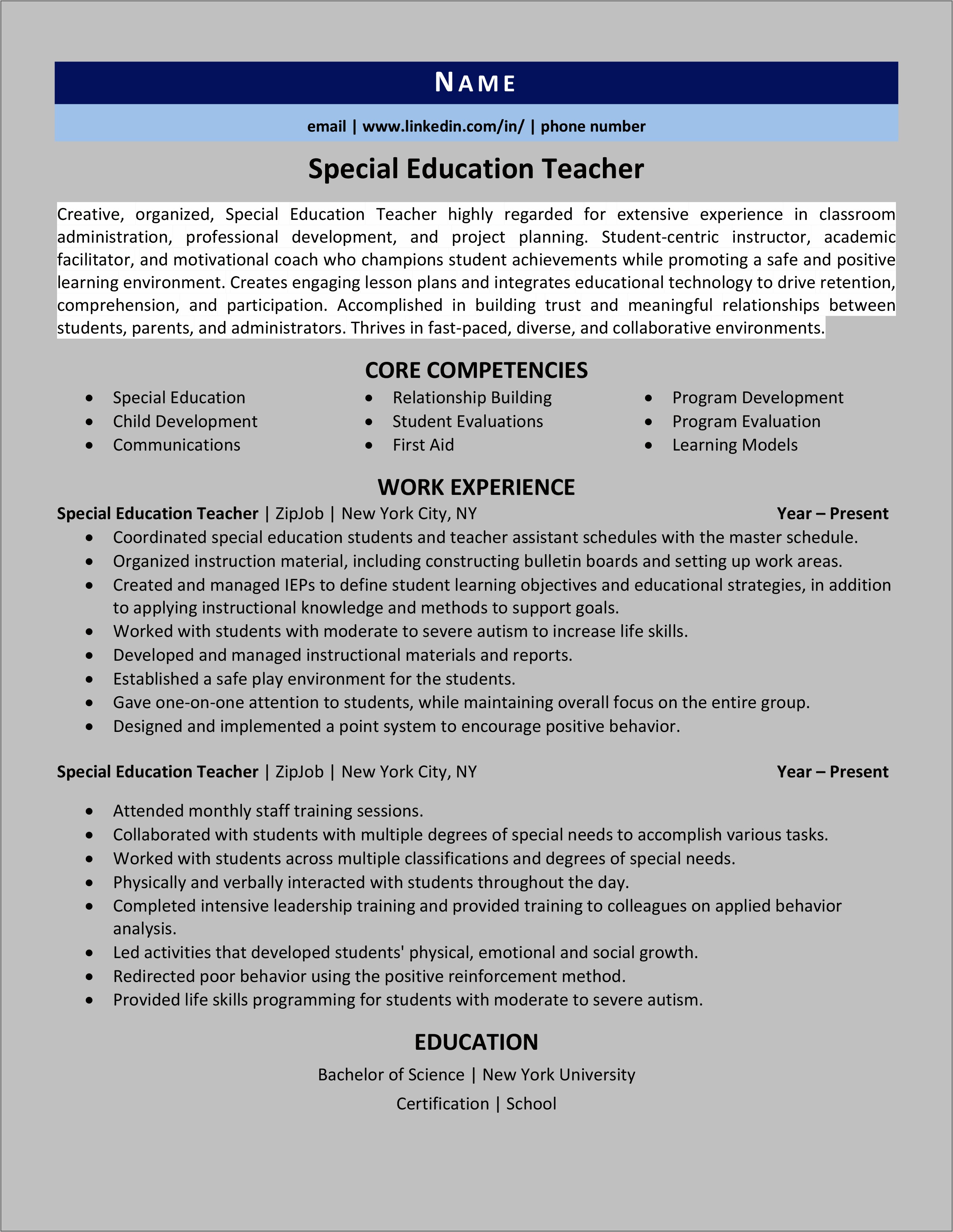 Teacher Of Disabilities Sample Resume