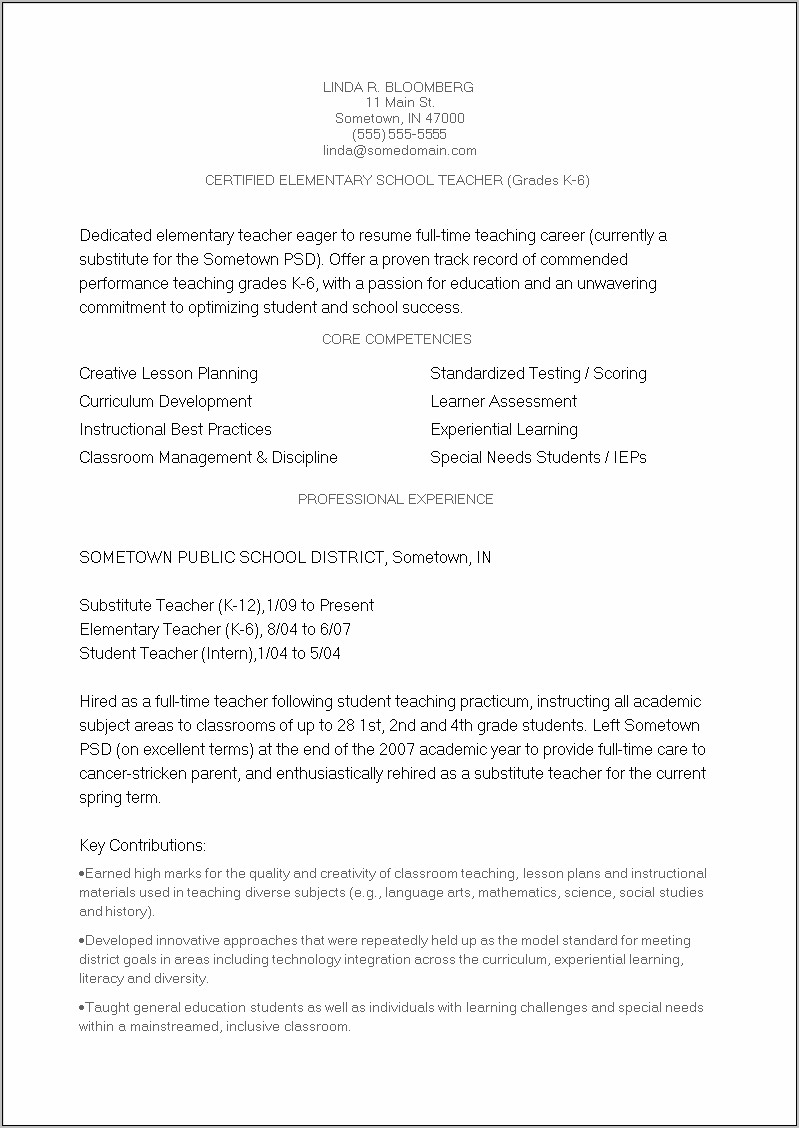 Teacher Resume 5th Grade Examples