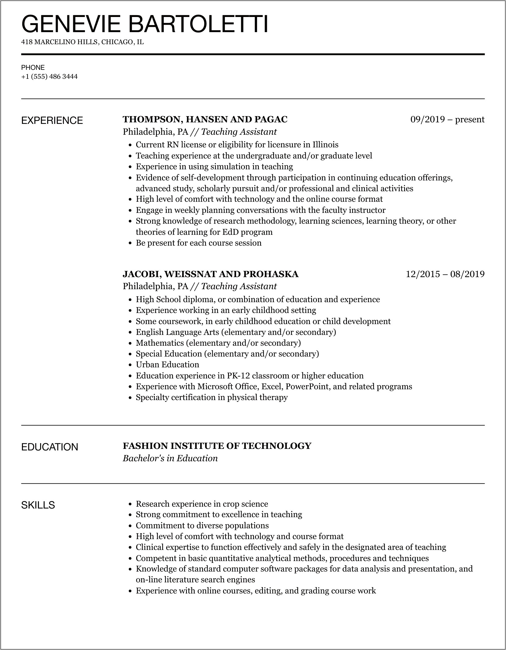 Teaching Assistant Job Responsibilities Resume