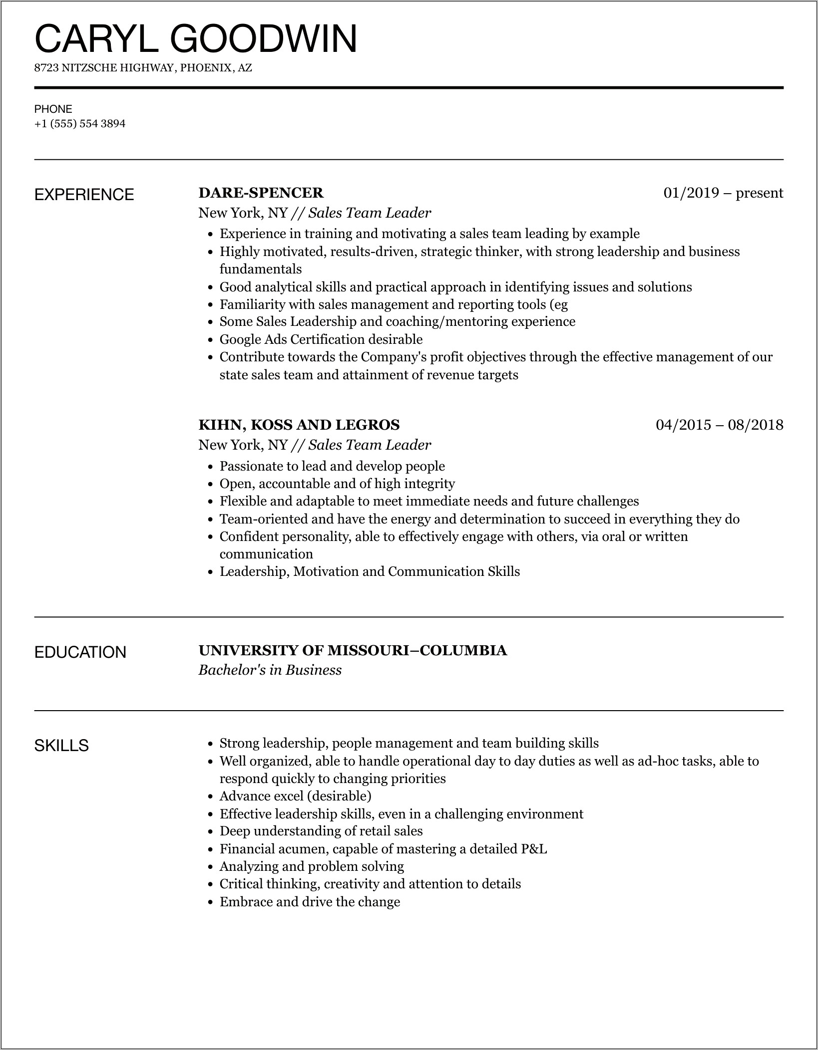 Team Leader Sample Resume Format