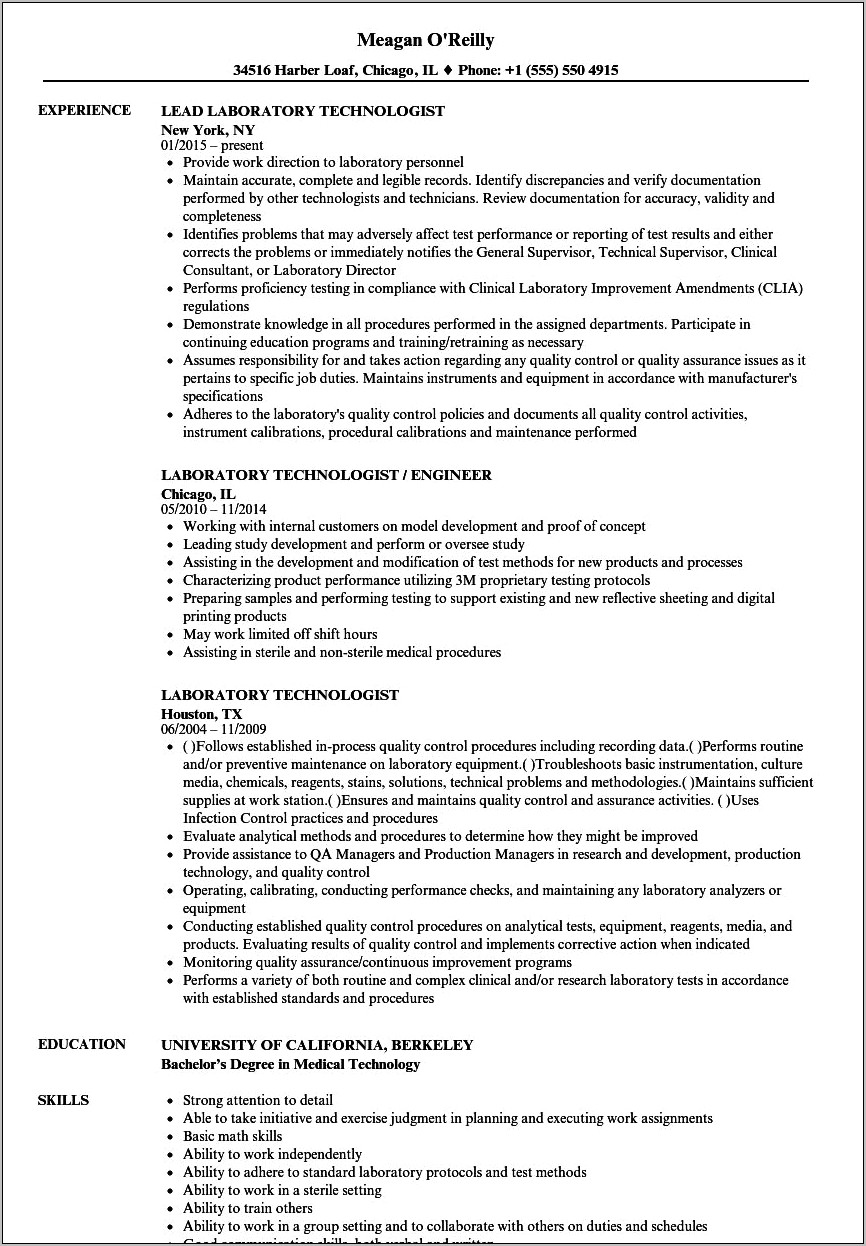 Techical Skills Resume Lab Tech