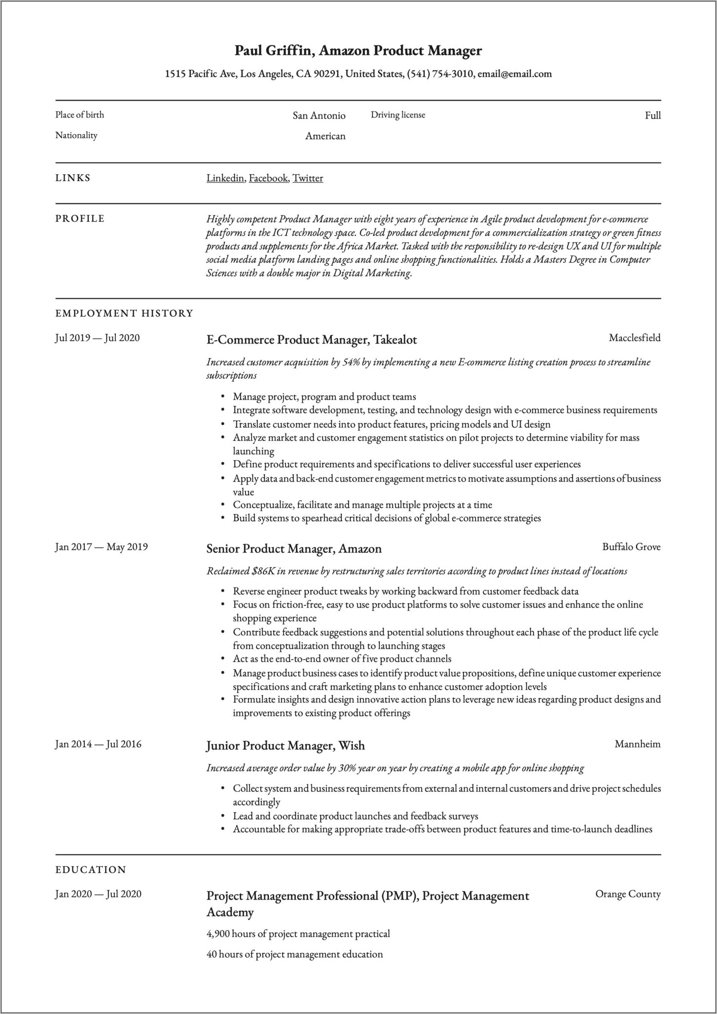 Technical Program Manager Amazon Resume