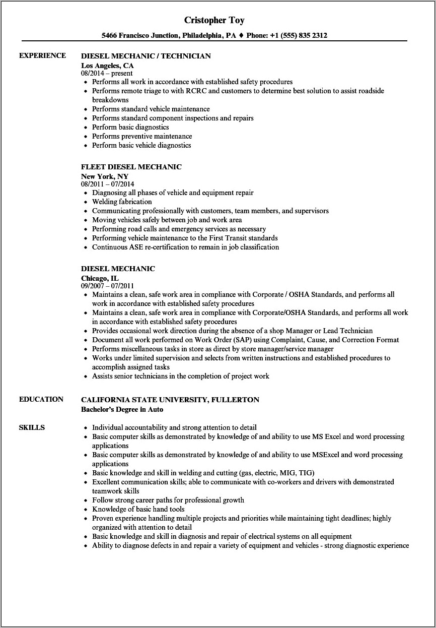 Technical Skills Resume Diesel Mechanic