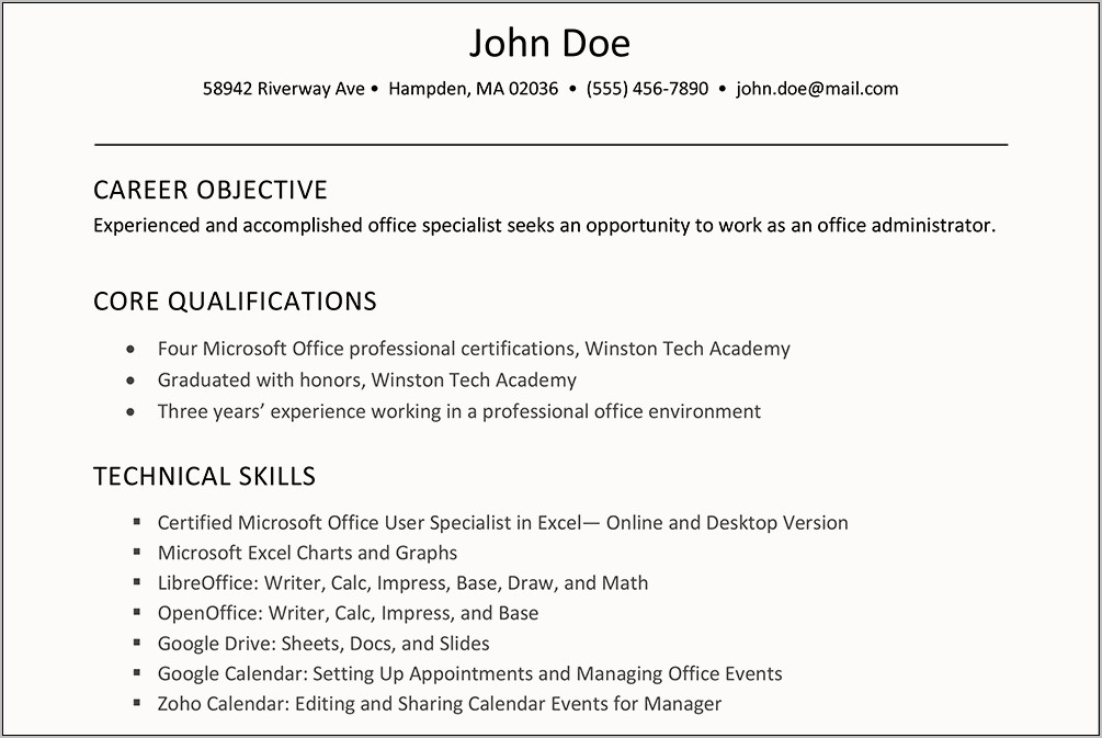 Technical Skills Resume Microsoft Office