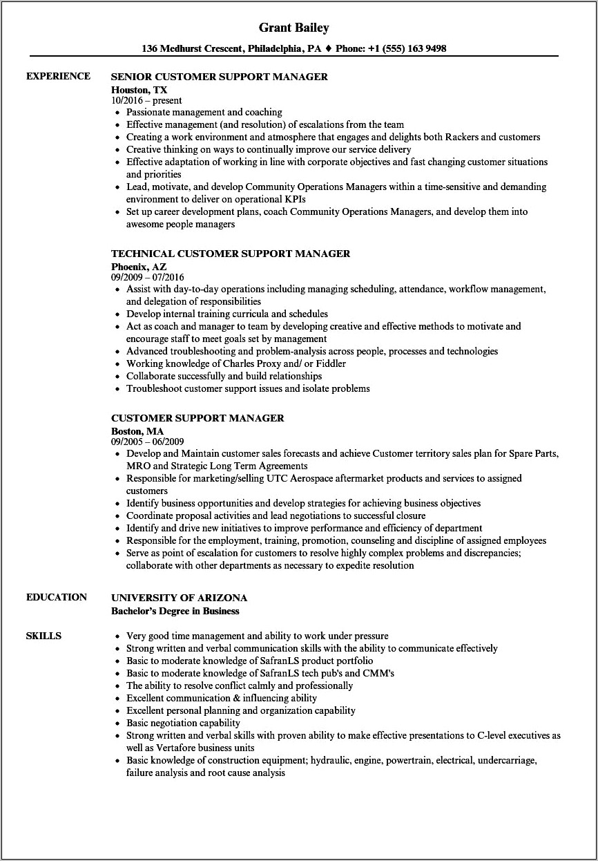 Technical Support Manager Resume Sample