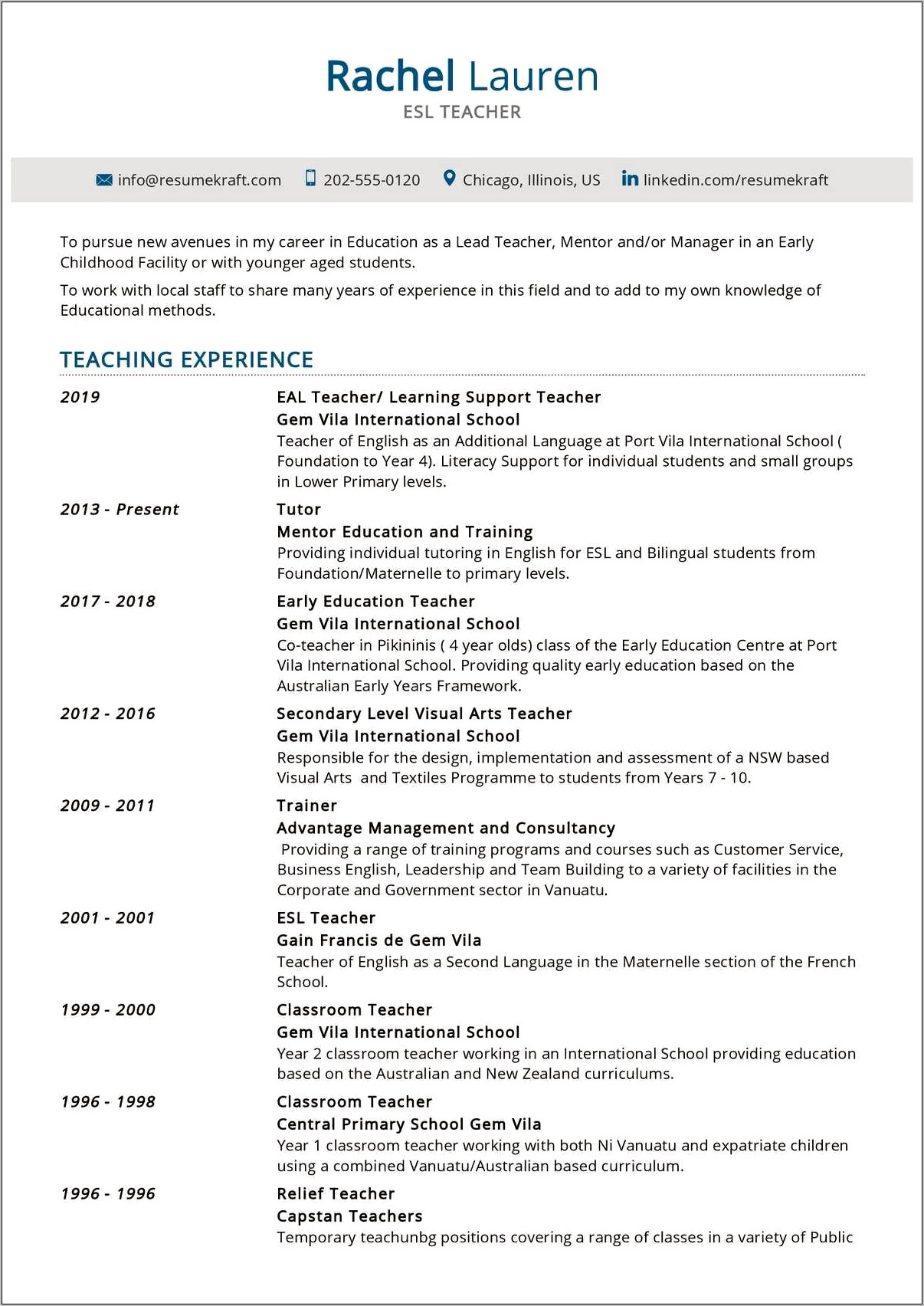 Tefl Teacher Resume Sample Creative