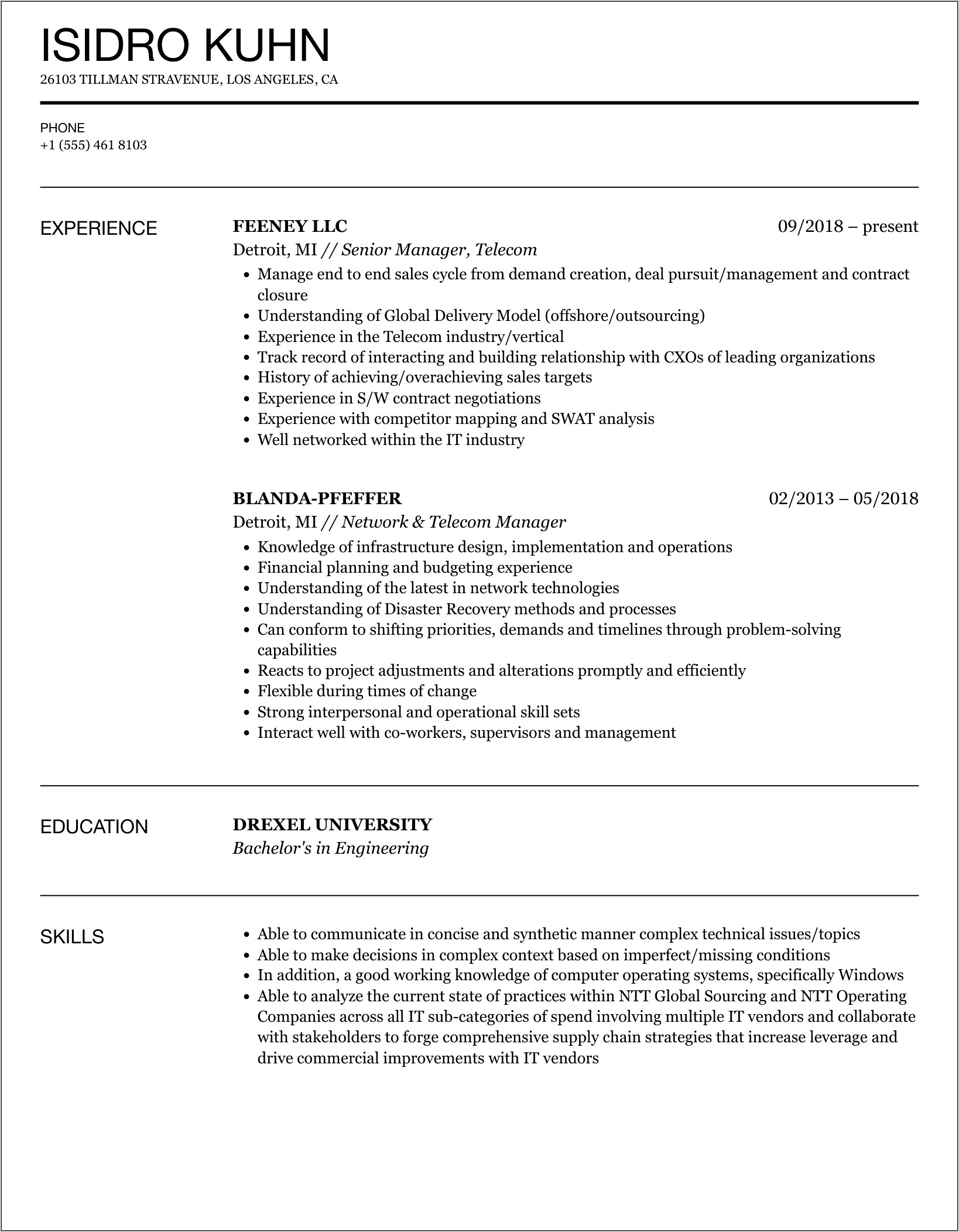 Telecom Construction Project Manager Resume