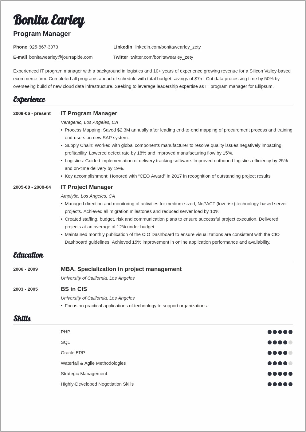 Telecom Infrastructure Project Manager Resume