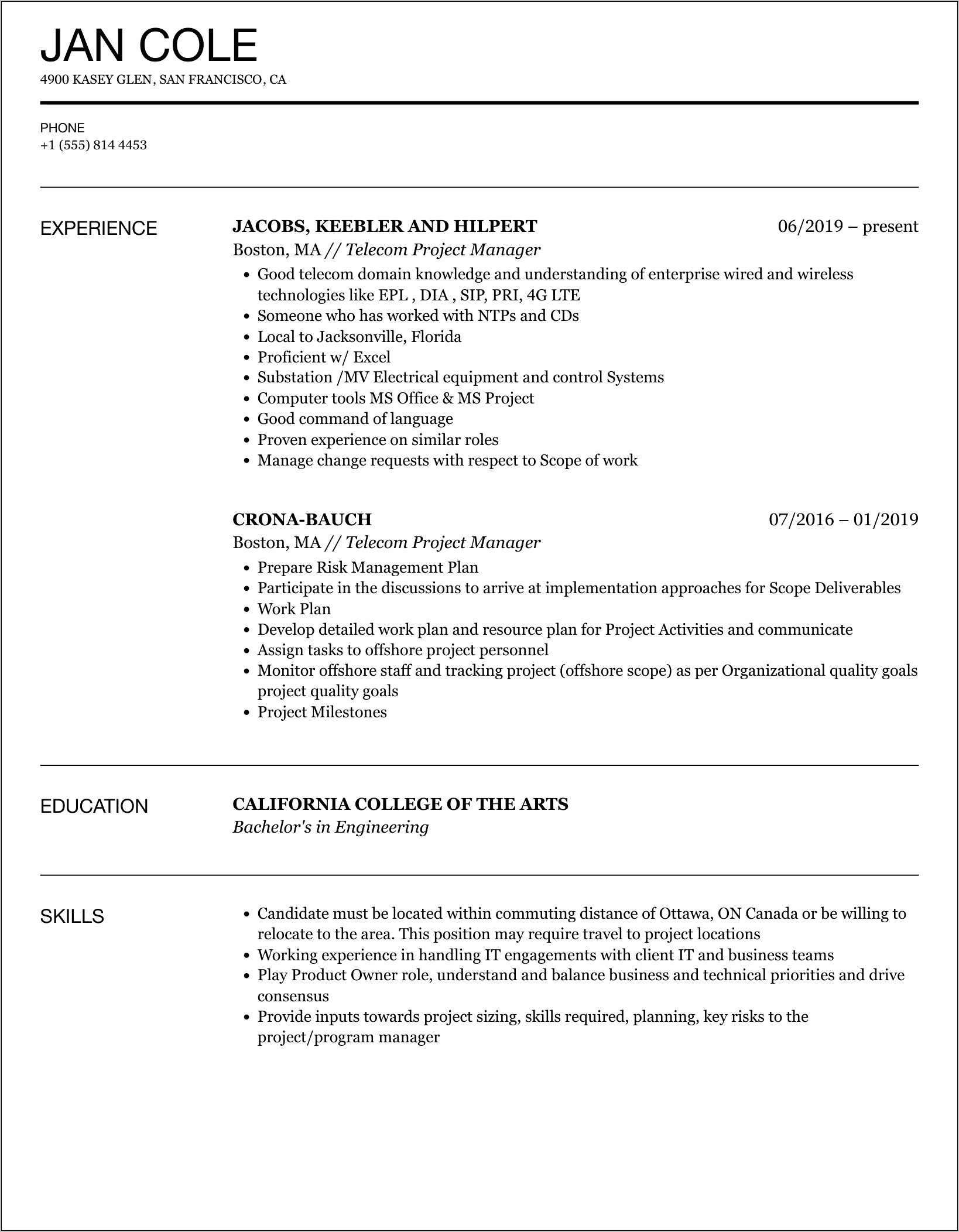 Telecom Project Manager Resume Example