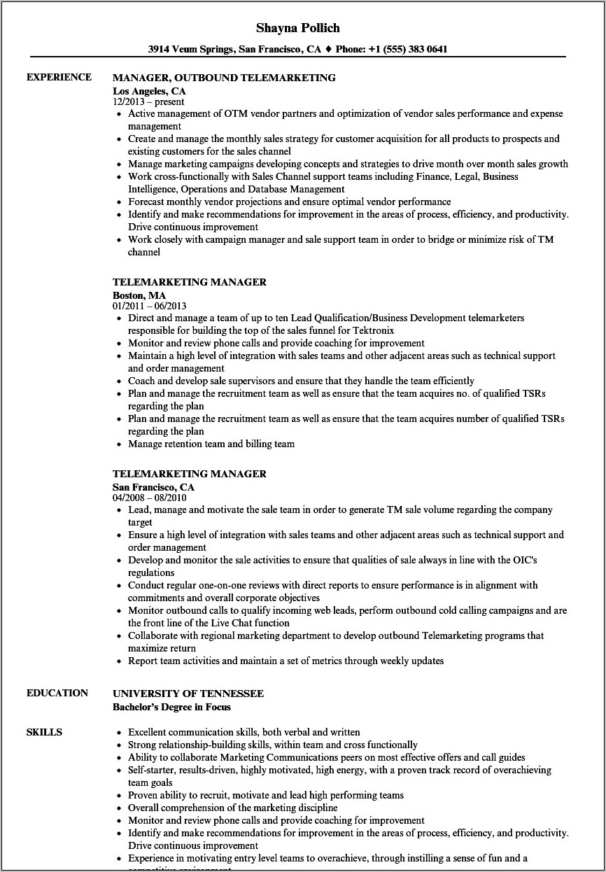 Telemarketing Resume Sample No Experience