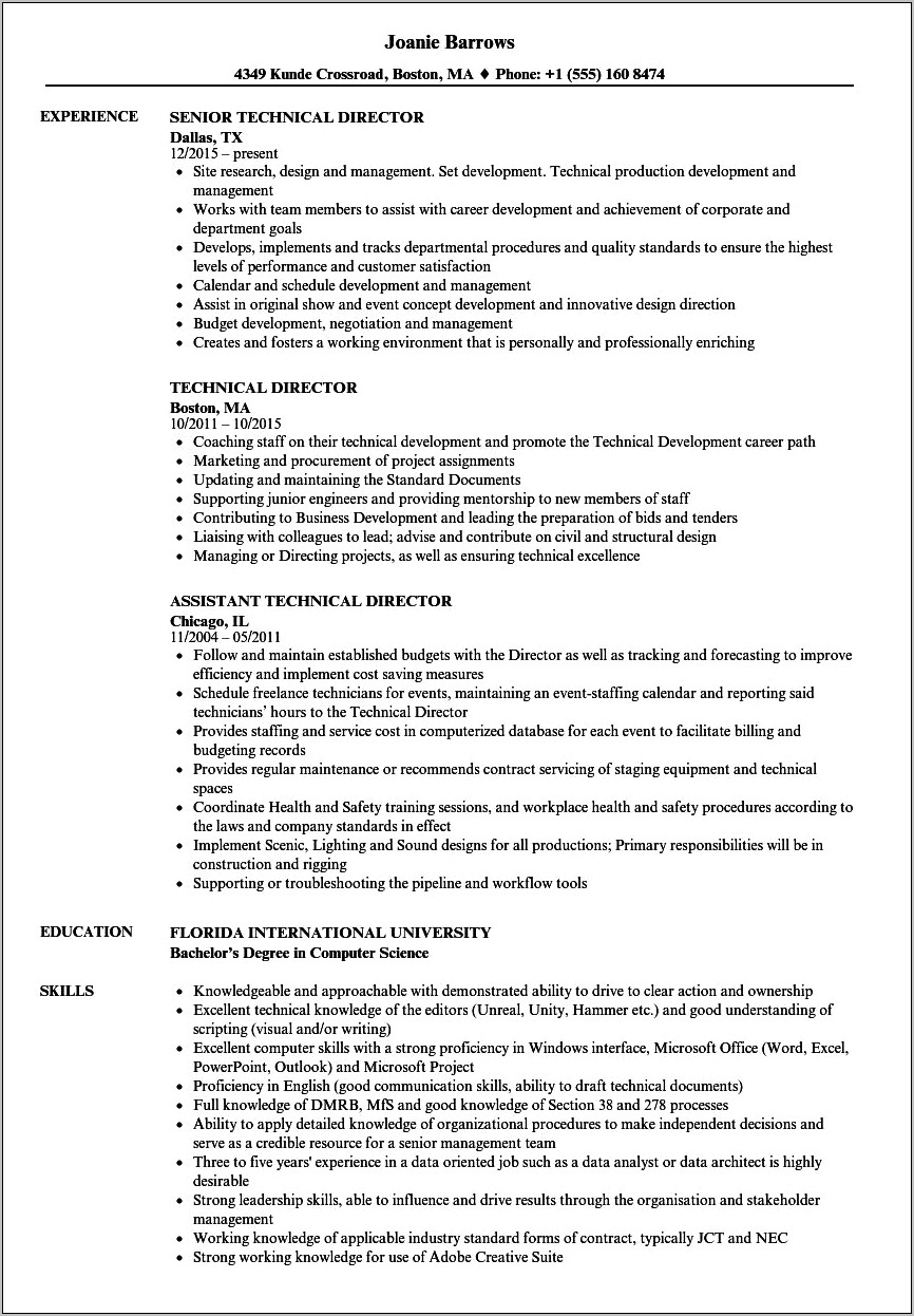 Television Technical Director Sample Resume