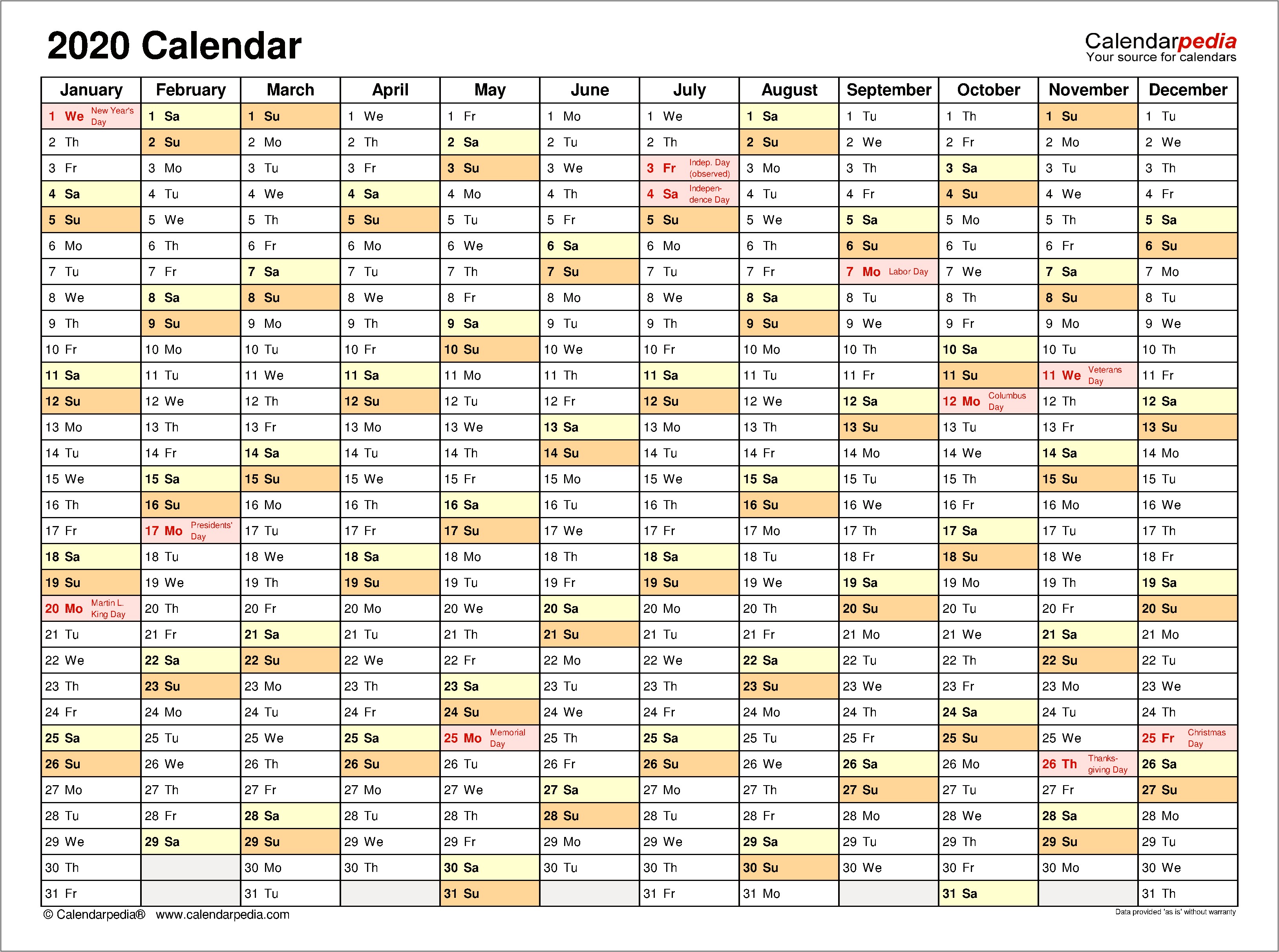 Template Excel Free Printable Downloadable 2020 Calendar