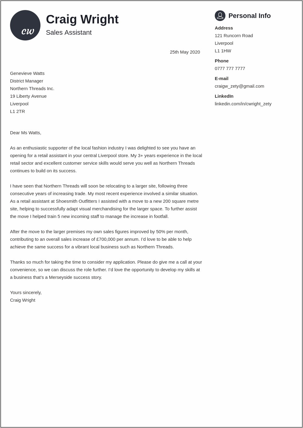 Template Free Printable Cover Letter Retail Management