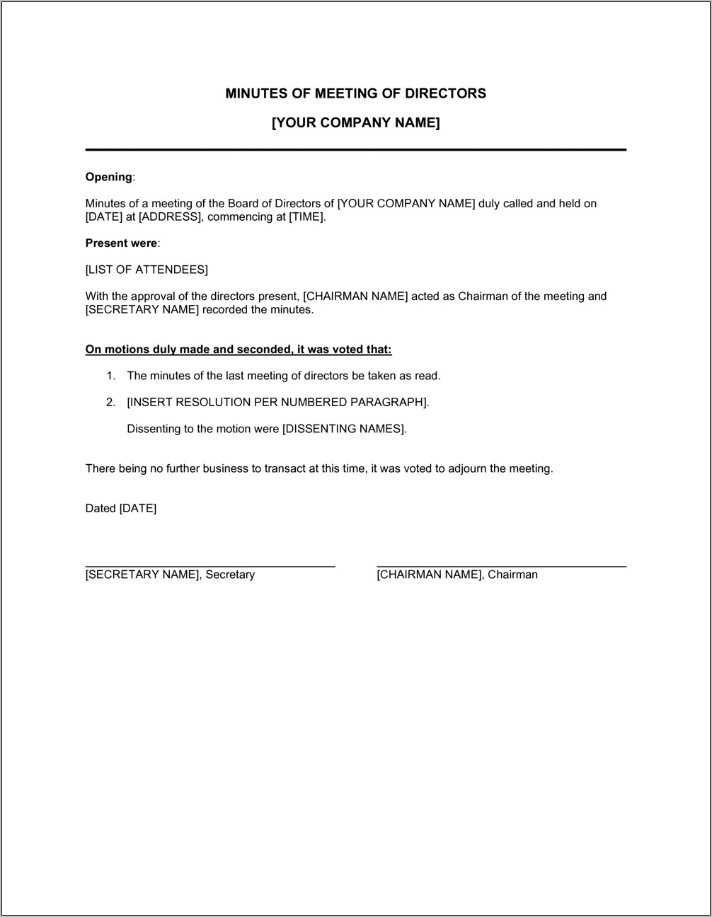 Templates For Annual Corporate Meeting Minutes Free