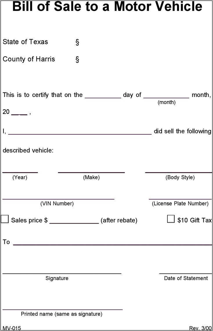 Texas Motor Vehicle Bill Of Sale Free Template