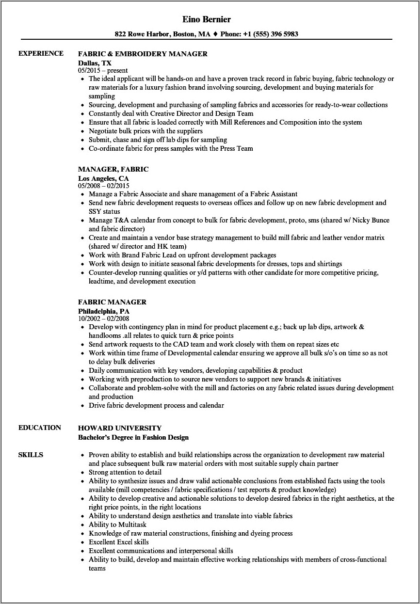 Textile Production Manager Resume Sample