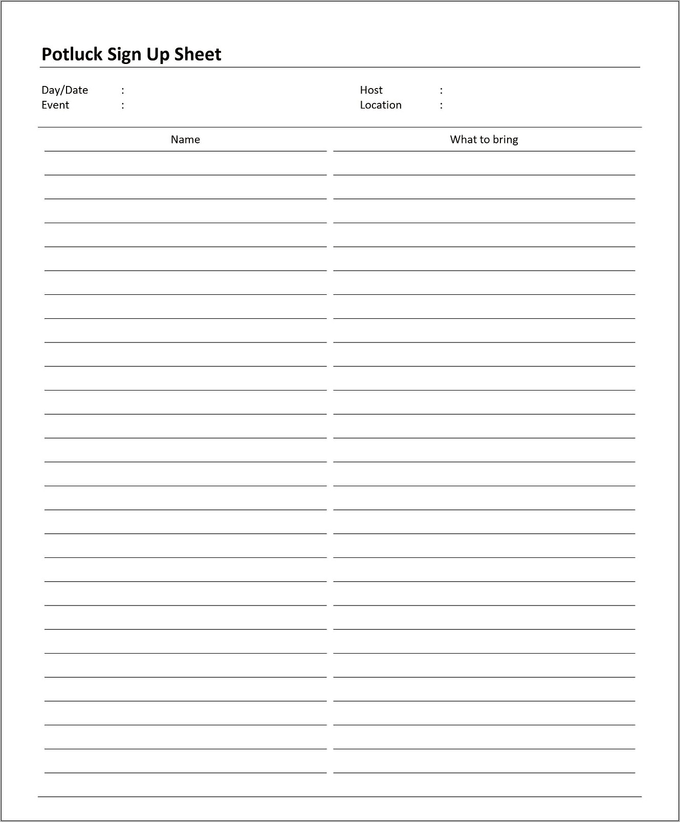 Thanksgiving Potluck Sign Up Sheet Free Template