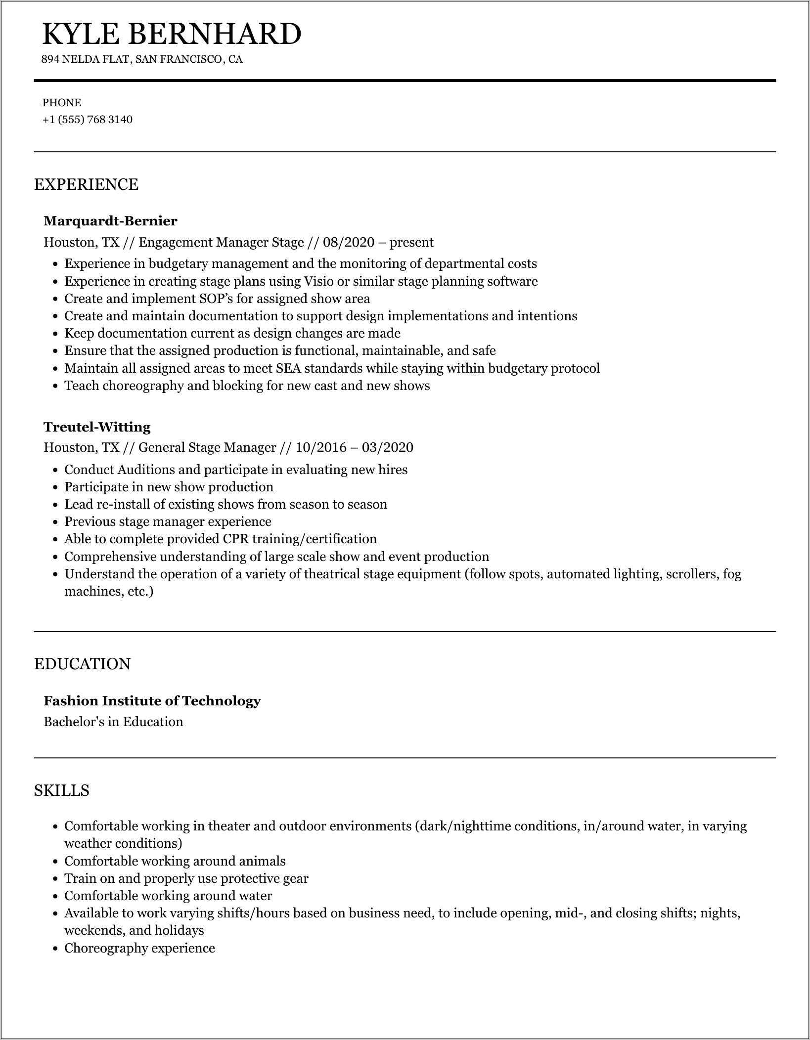 Theater Stage Manager Resume Template