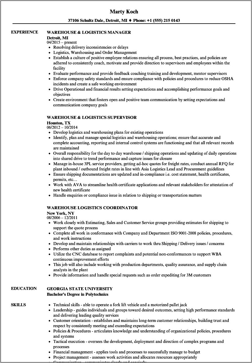 Third Party Logistics Resume Samples