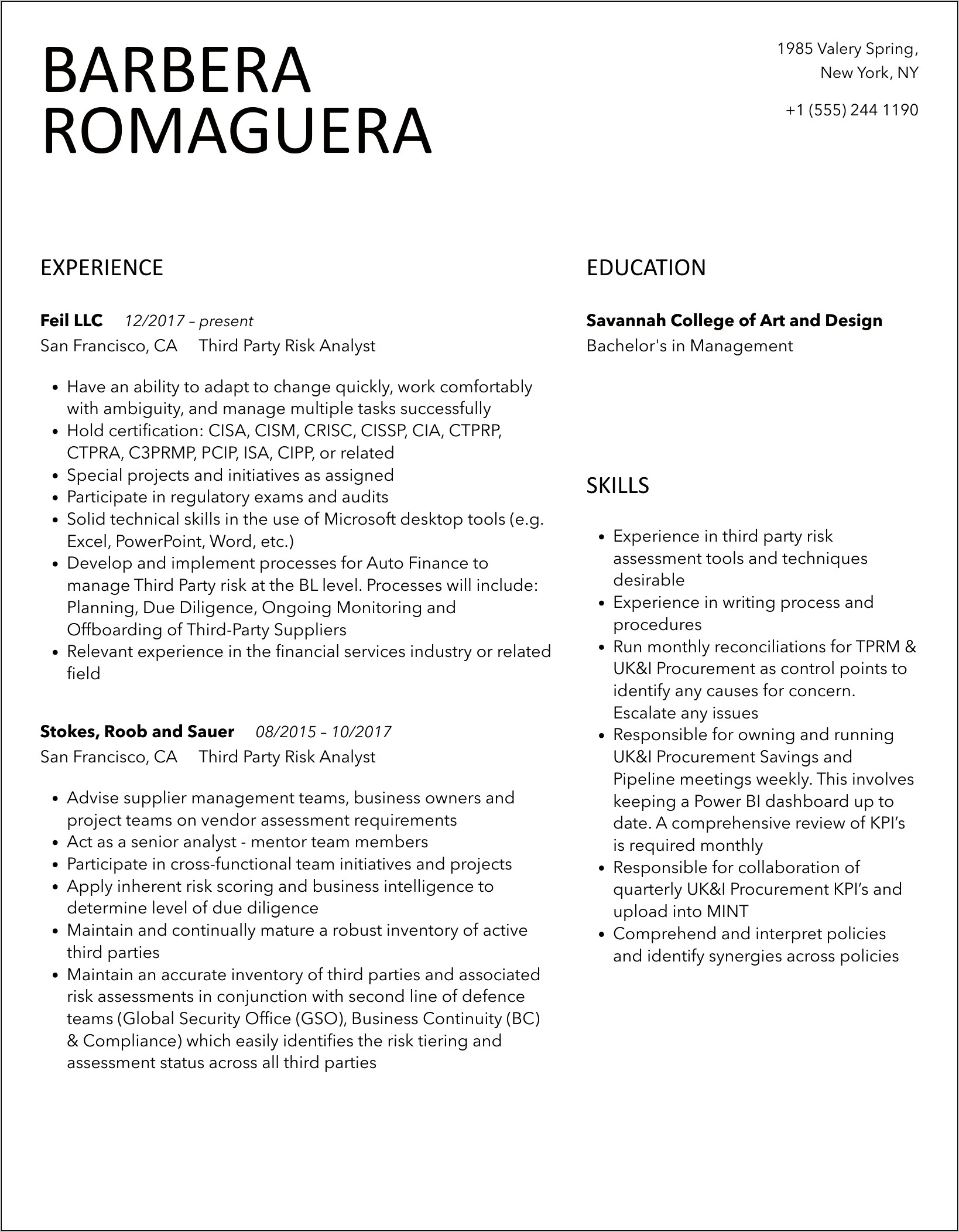 Third Party Risk Manager Resume