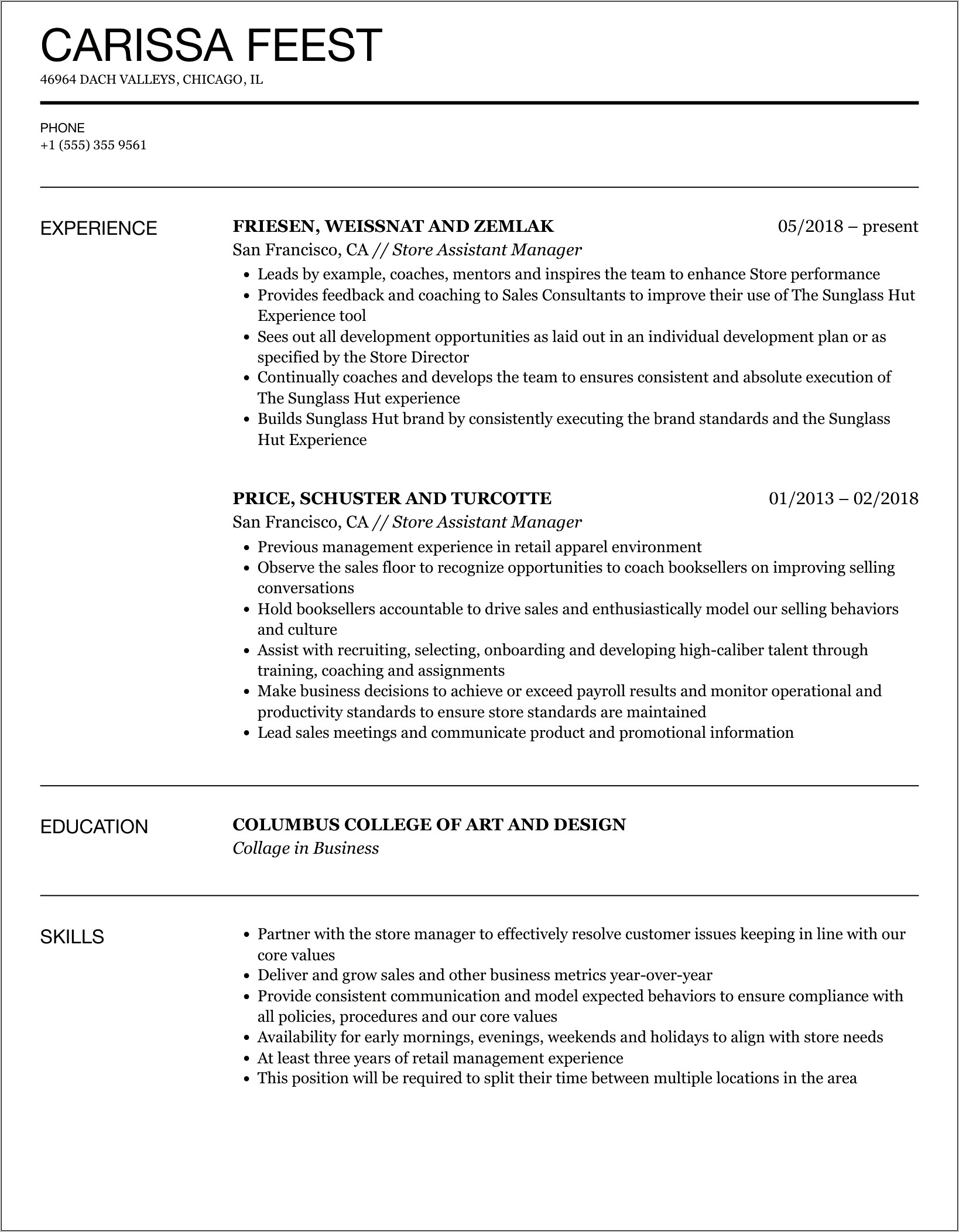 Thrift Shoppe Asssistant Manager Resume