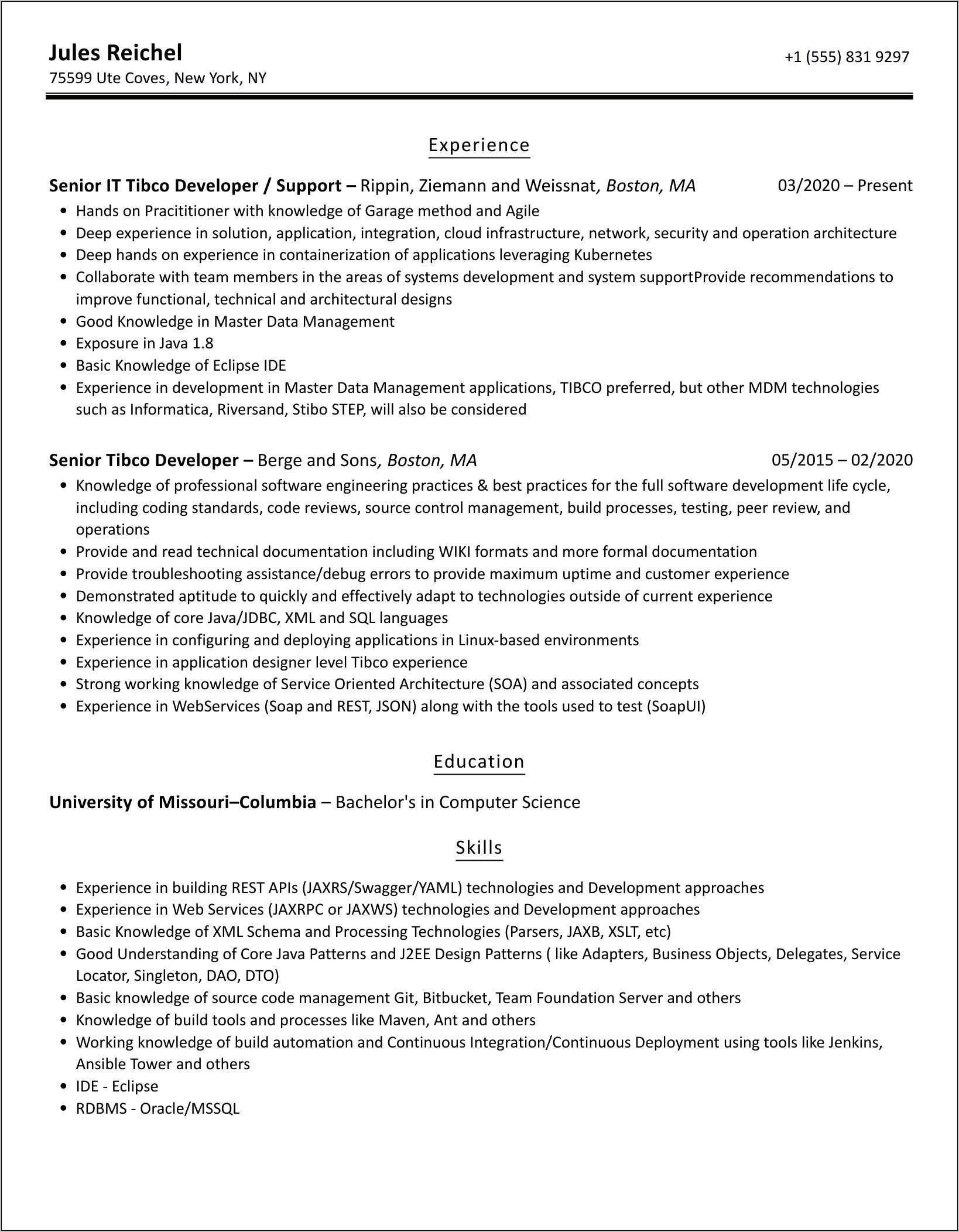 Tibco Bw Developer Sample Resume